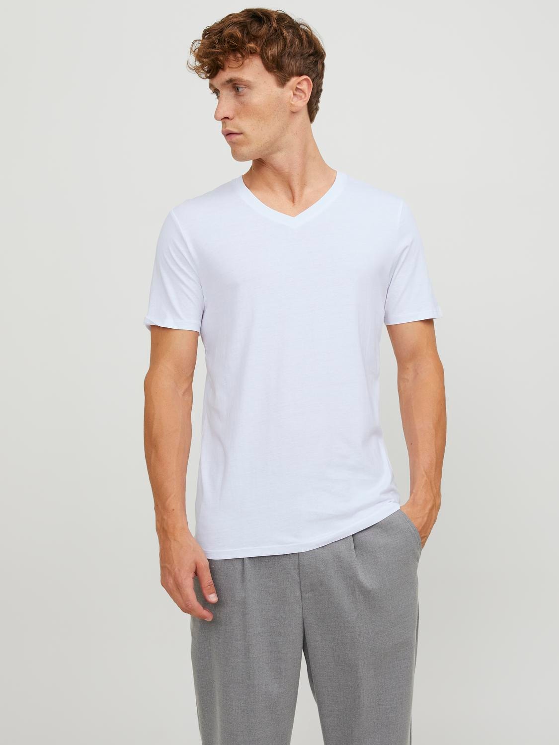 Jack & Jones 2-pakning Vanlig V-hals T-skjorte -White - 12133914