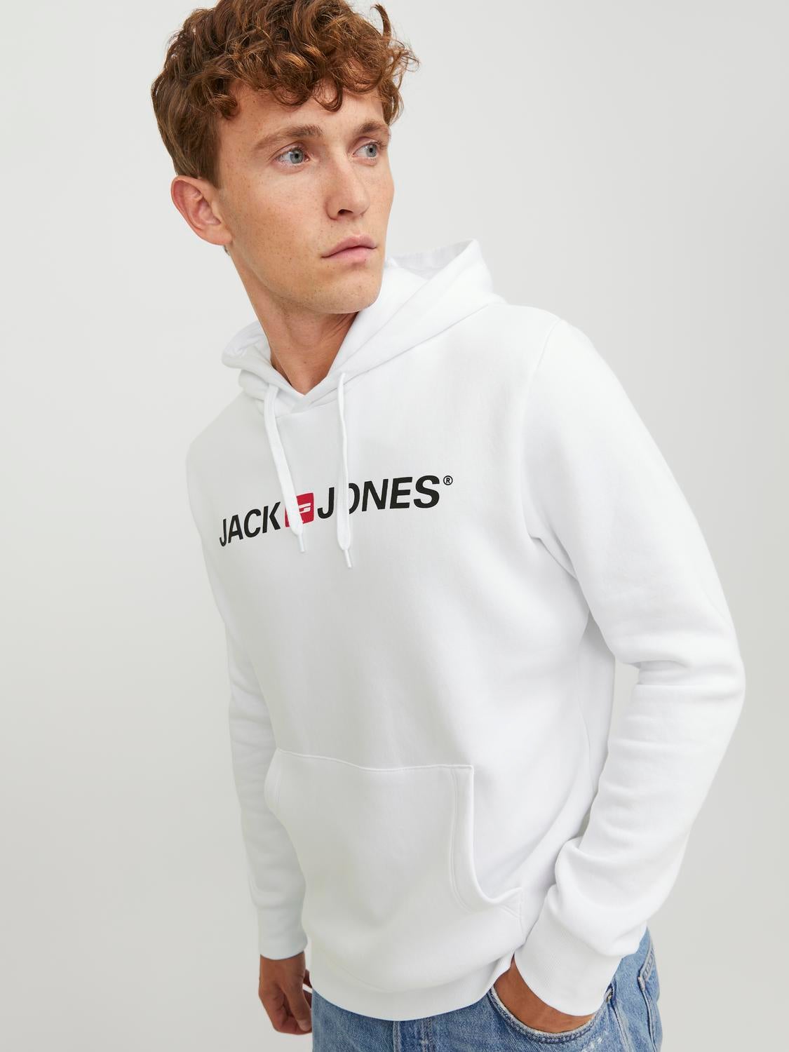 Sudaderas Con Y Sin Capucha Jack & Jones Hombre  Sudadera Extragrande  Blanca Básica Con Capucha Y Logo De Perro De Blanco > Falimcicek