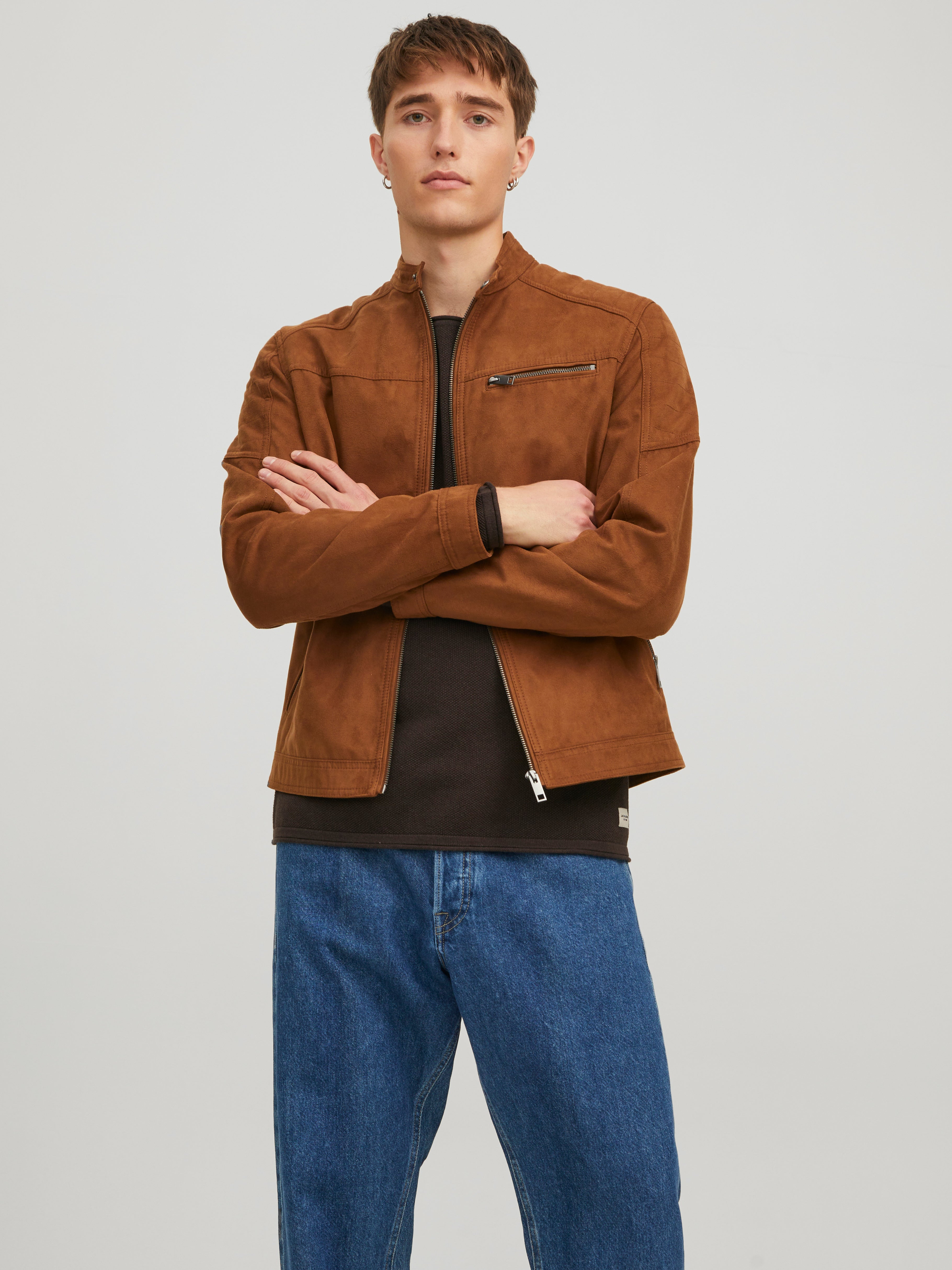 Giacca da uomo in pelle scamosciata con elegante design corto e risvolto (L marrone Giacca da uomo in pelle scamosciata con elegante design corto e risvolto (L marrone
