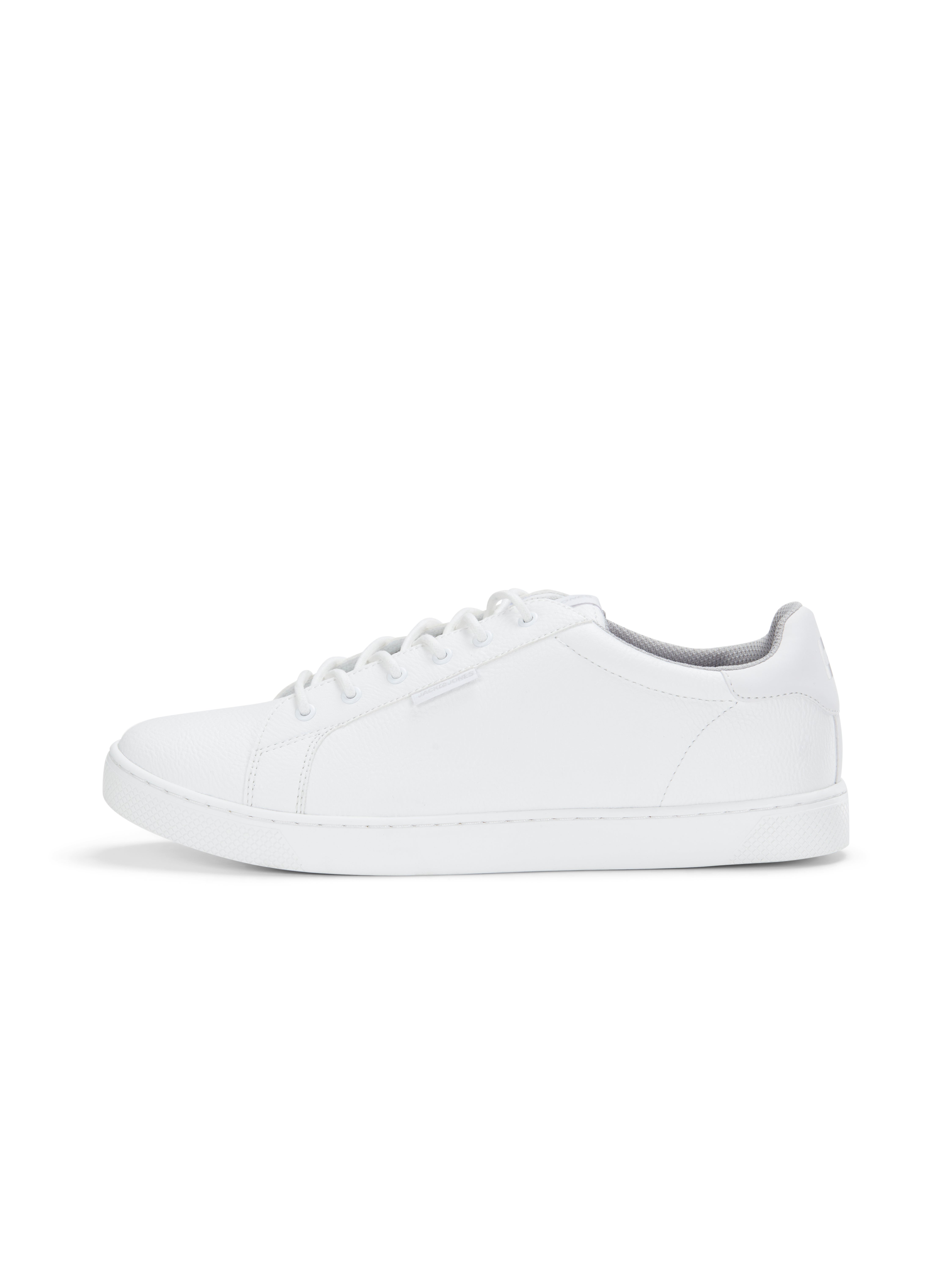 White low-top lace-up sneaker with a flat white sole