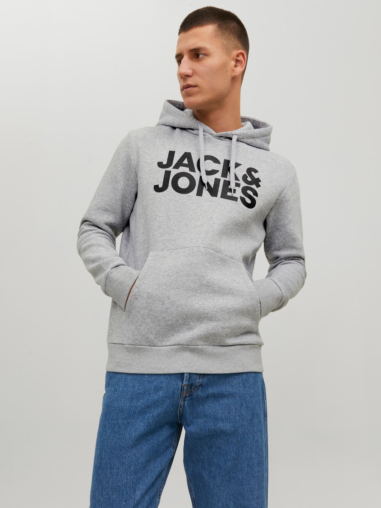 Jack & Jones Logo Hoodie -Light Grey Melange - 12152840