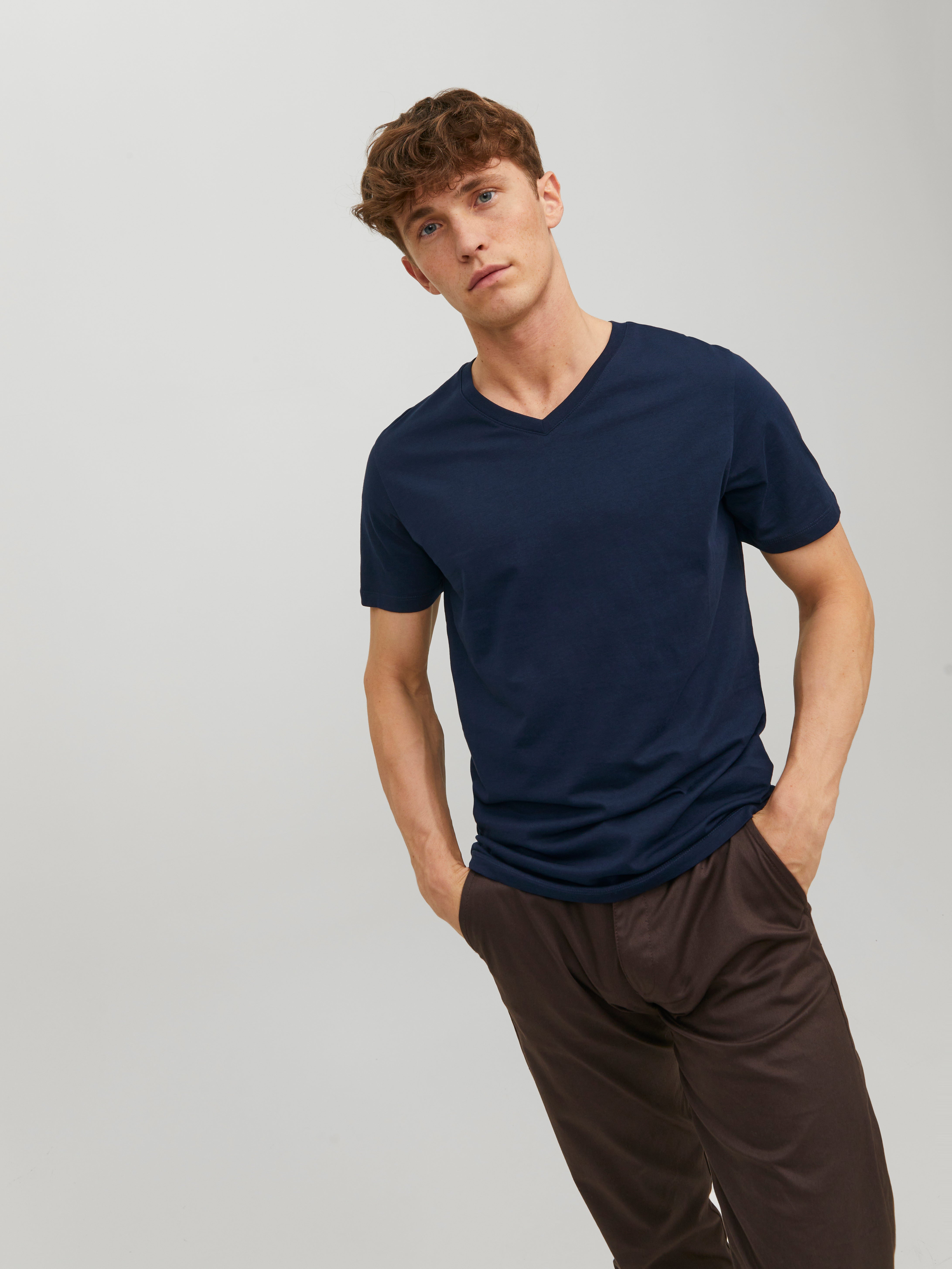 Plain V Neck T shirt Dark Blue Jack Jones