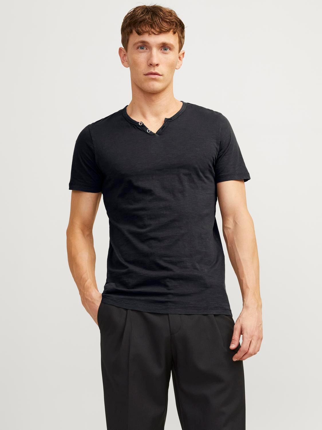 Jack & Jones Melange Split Neck T-shirt -Black - 12164972