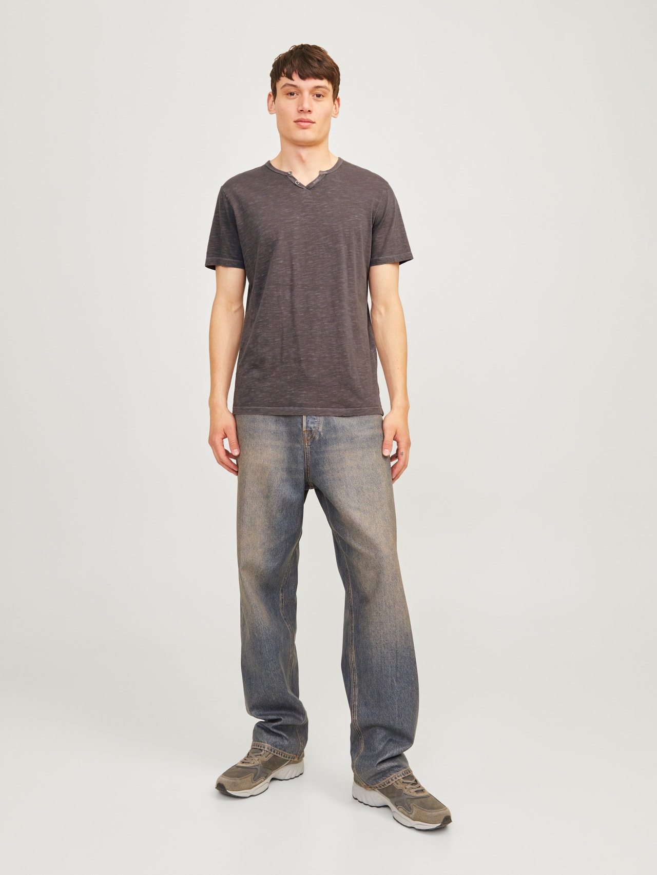 Jack & Jones Melange Split Neck T-shirt -Mulch - 12164972