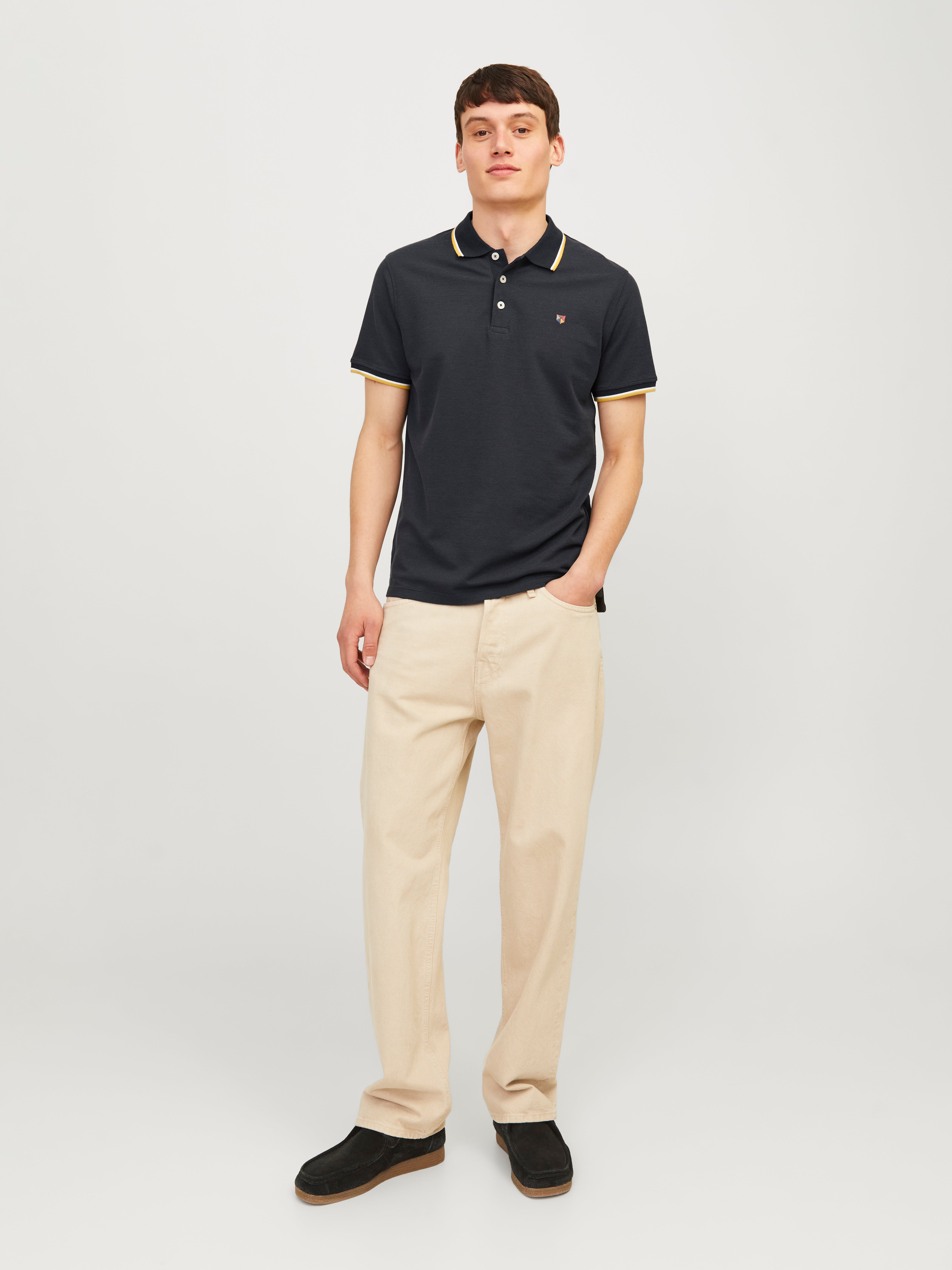 Black polo shirt blue 2024 jeans