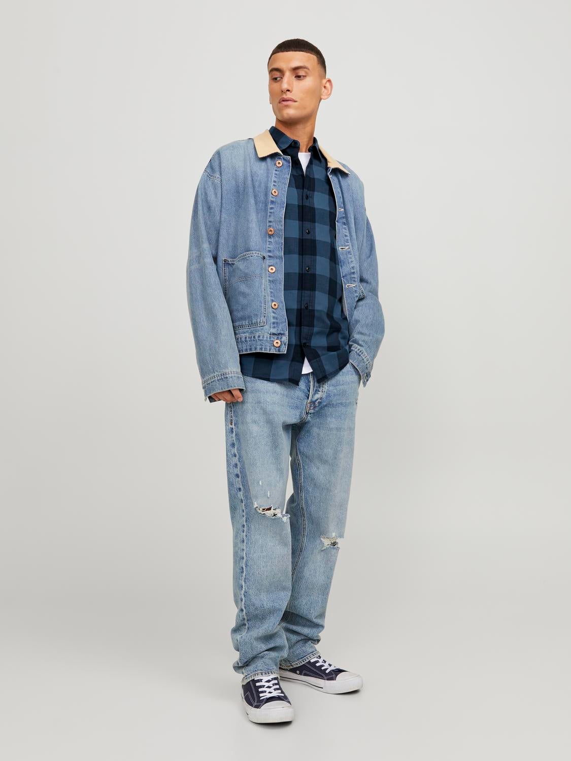 Denim jacket hotsell with checked shirt