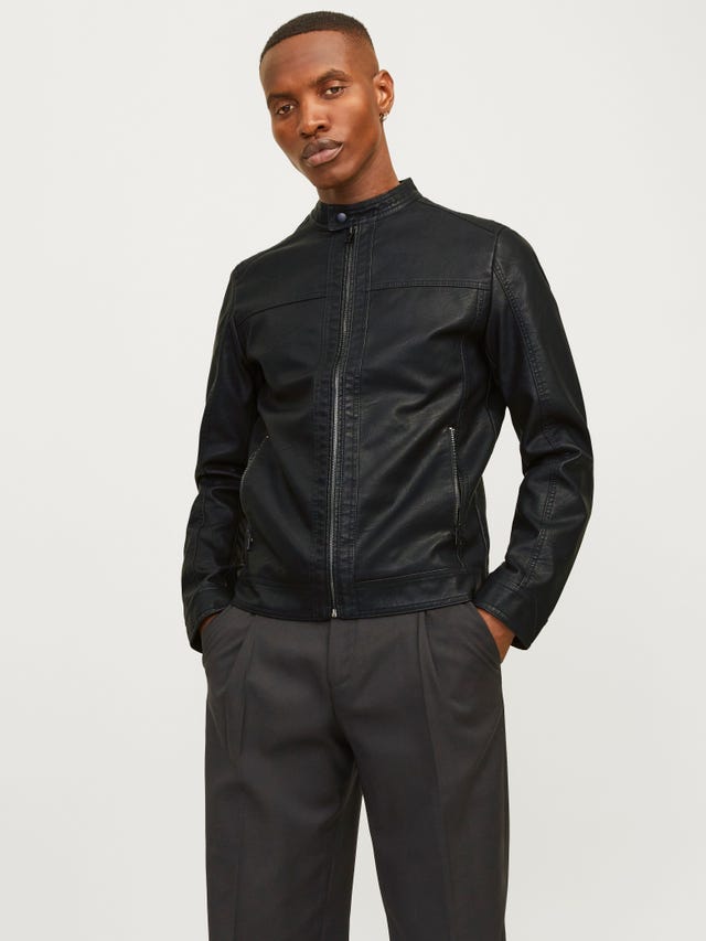 Jack & Jones Essentials faux leather racer jacket in black
