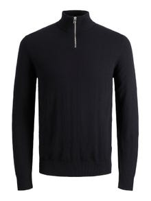 Jack & Jones Ensfarvet Striktrøje med halv lynlås -Black - 12189339