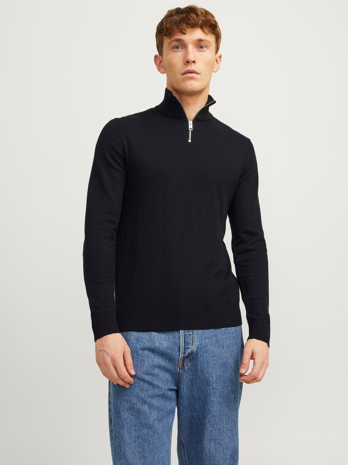 Jack & Jones Ensfarvet Striktrøje med halv lynlås -Black - 12189339