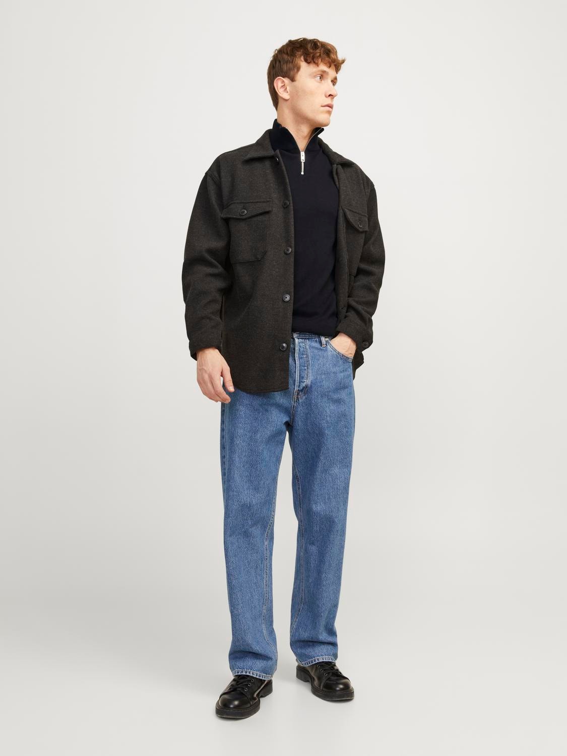 Jack & Jones Ensfarvet Striktrøje med halv lynlås -Black - 12189339