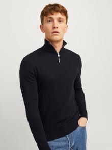 Jack & Jones Ensfarvet Striktrøje med halv lynlås -Black - 12189339