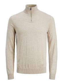 Jack & Jones Ensfarvet Striktrøje med halv lynlås -Oatmeal - 12189339