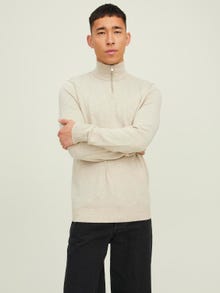 Jack & Jones Ensfarvet Striktrøje med halv lynlås -Oatmeal - 12189339