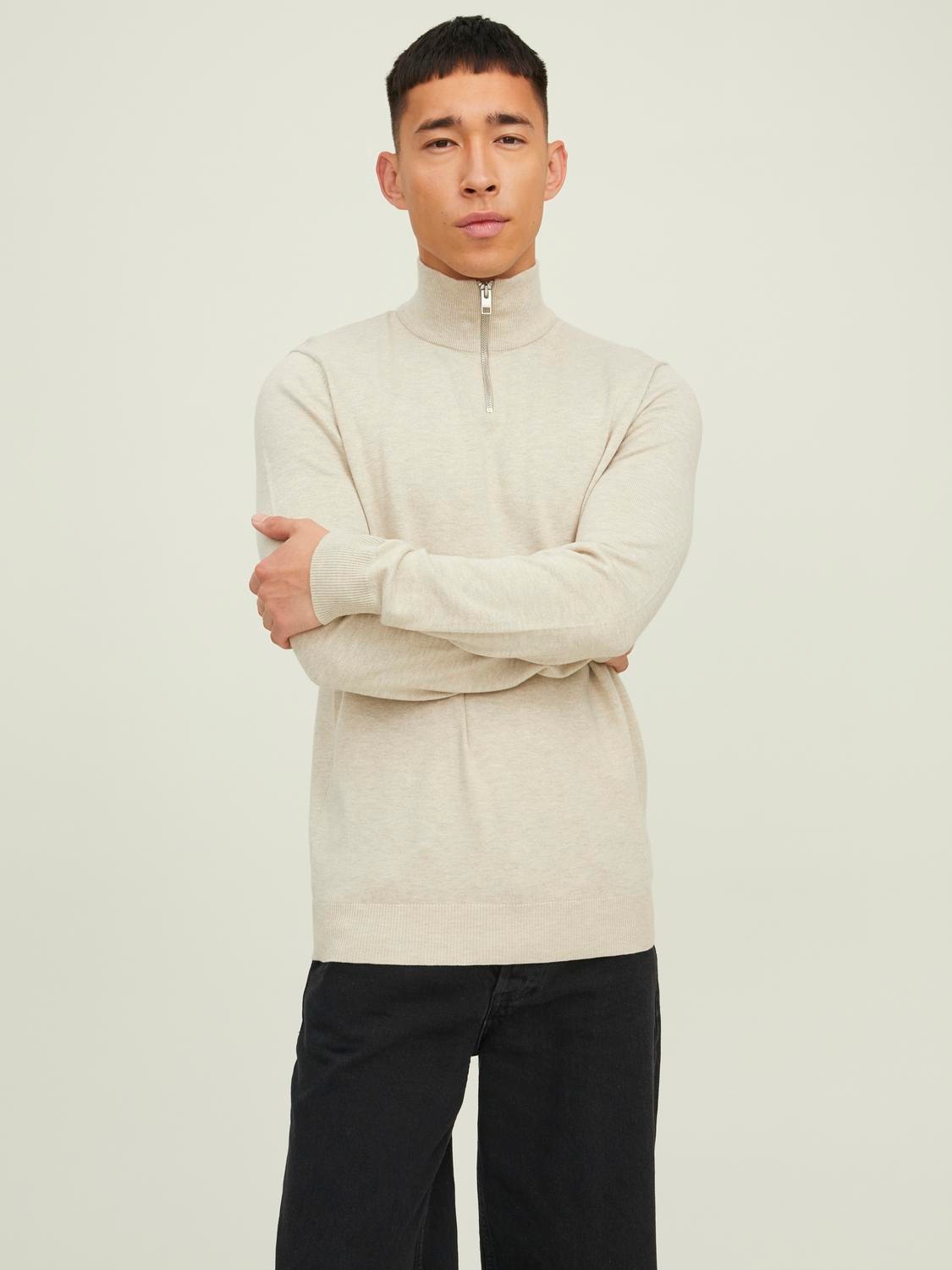 Jack & Jones Ensfarvet Striktrøje med halv lynlås -Oatmeal - 12189339