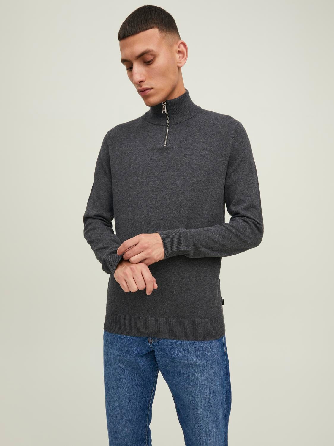 Jack & Jones Πουλόβερ με μισό φερμουάρ -Dark Grey Melange - 12189339