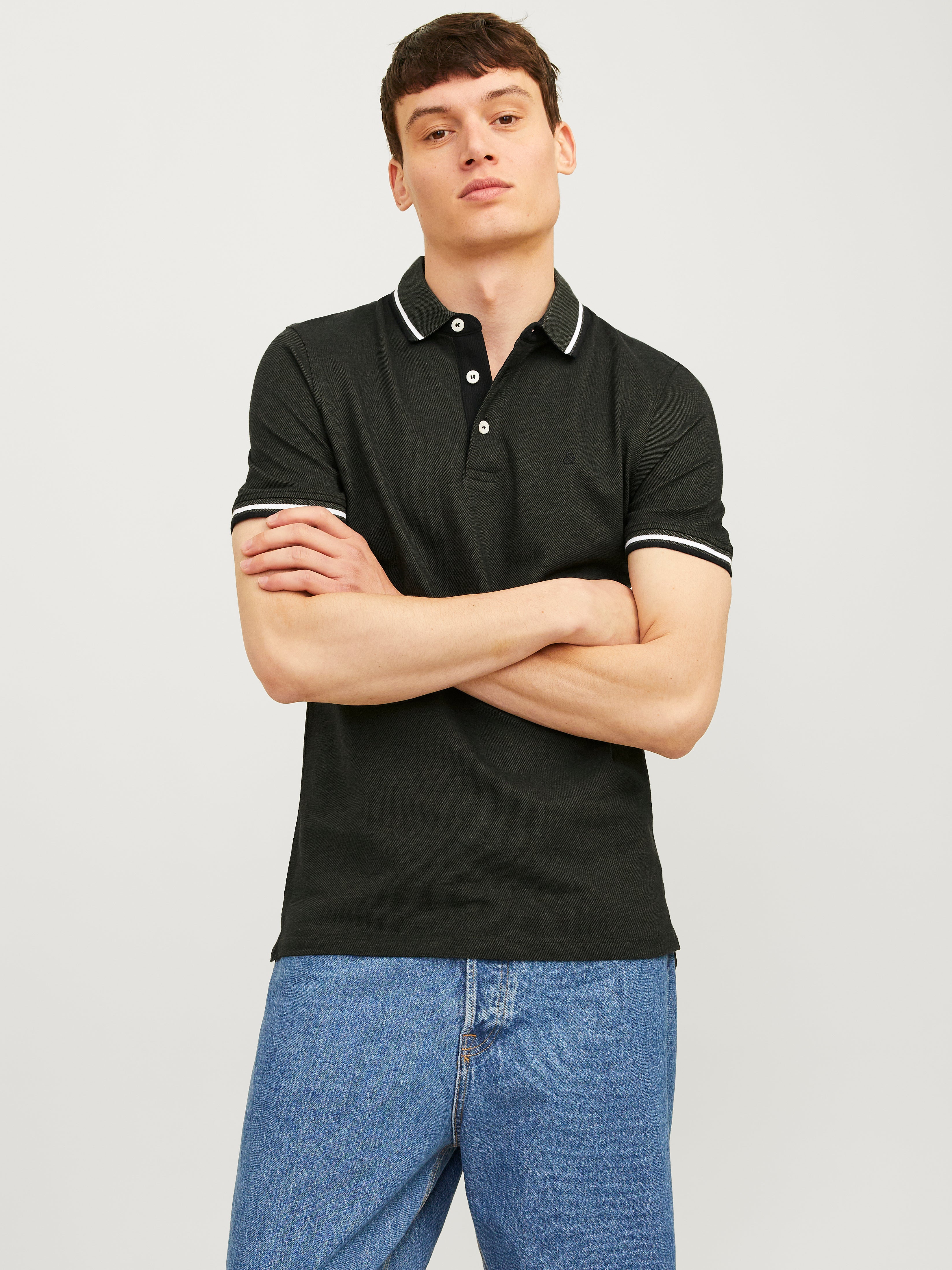 Polo shirt with blazer and online jeans