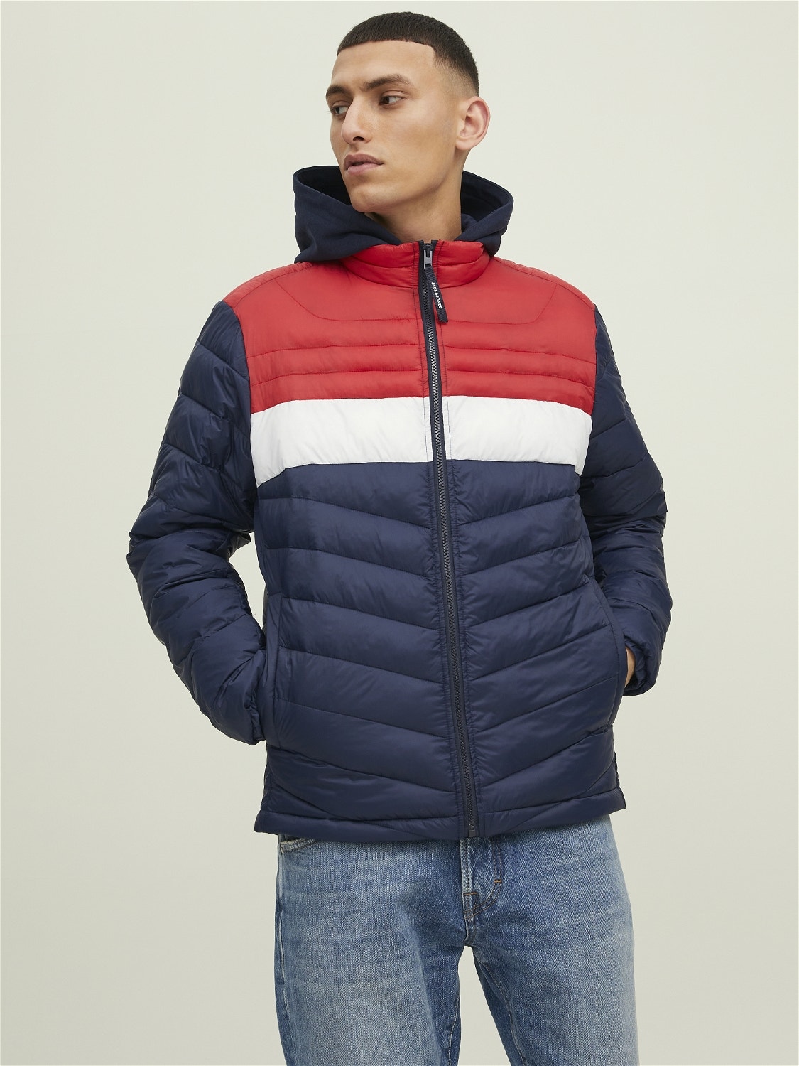 Navy Red Hooded Puffer Jacket