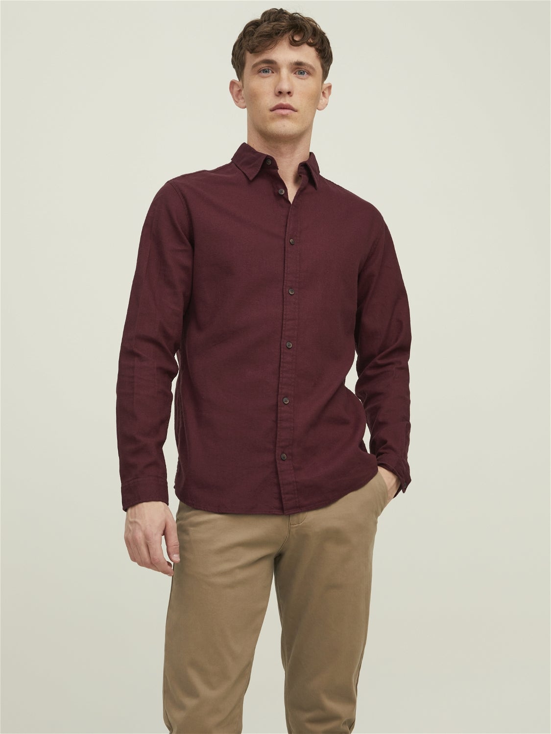 khaki pants burgundy shirt