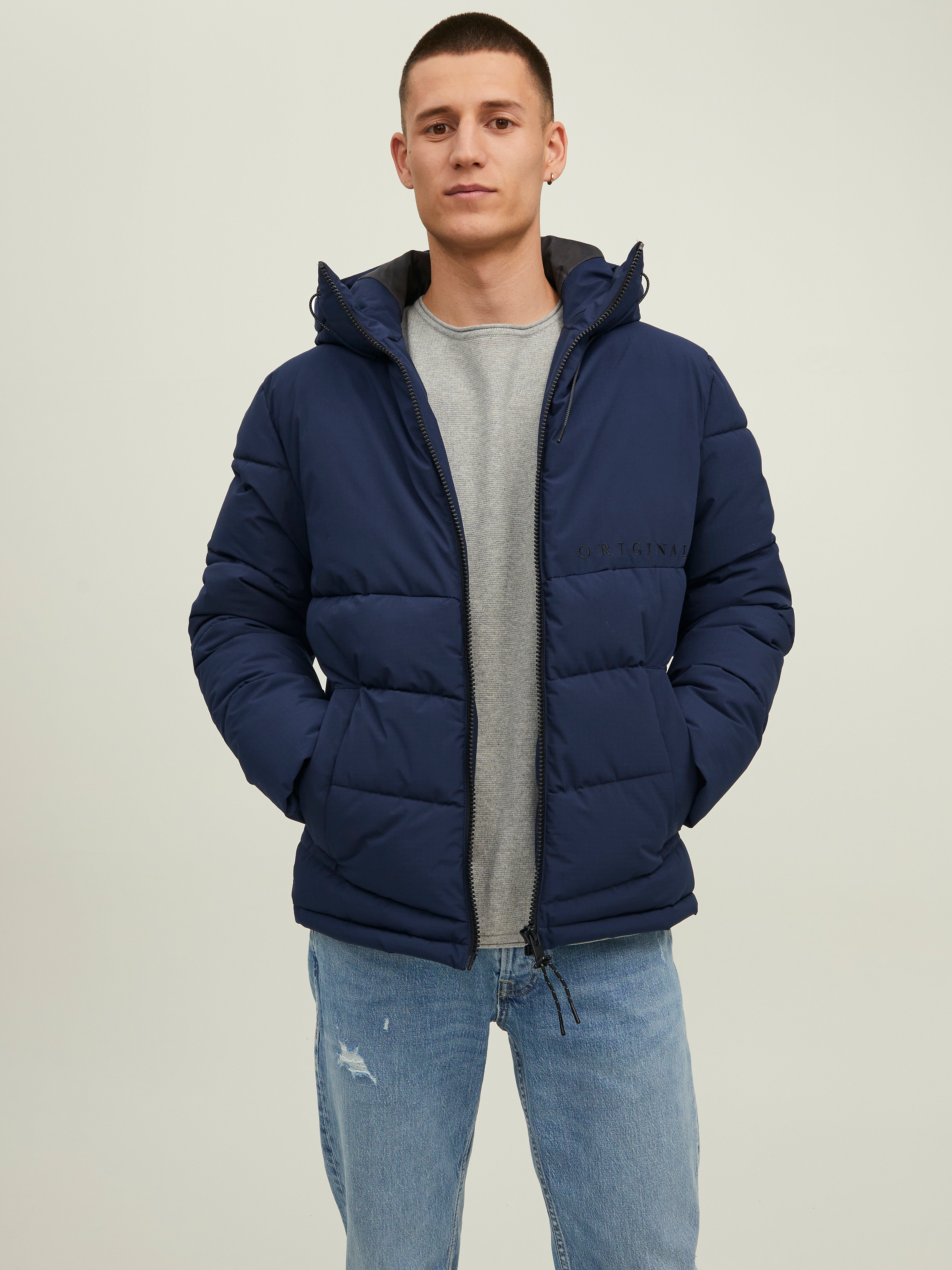 dark blue puffer jacket mens