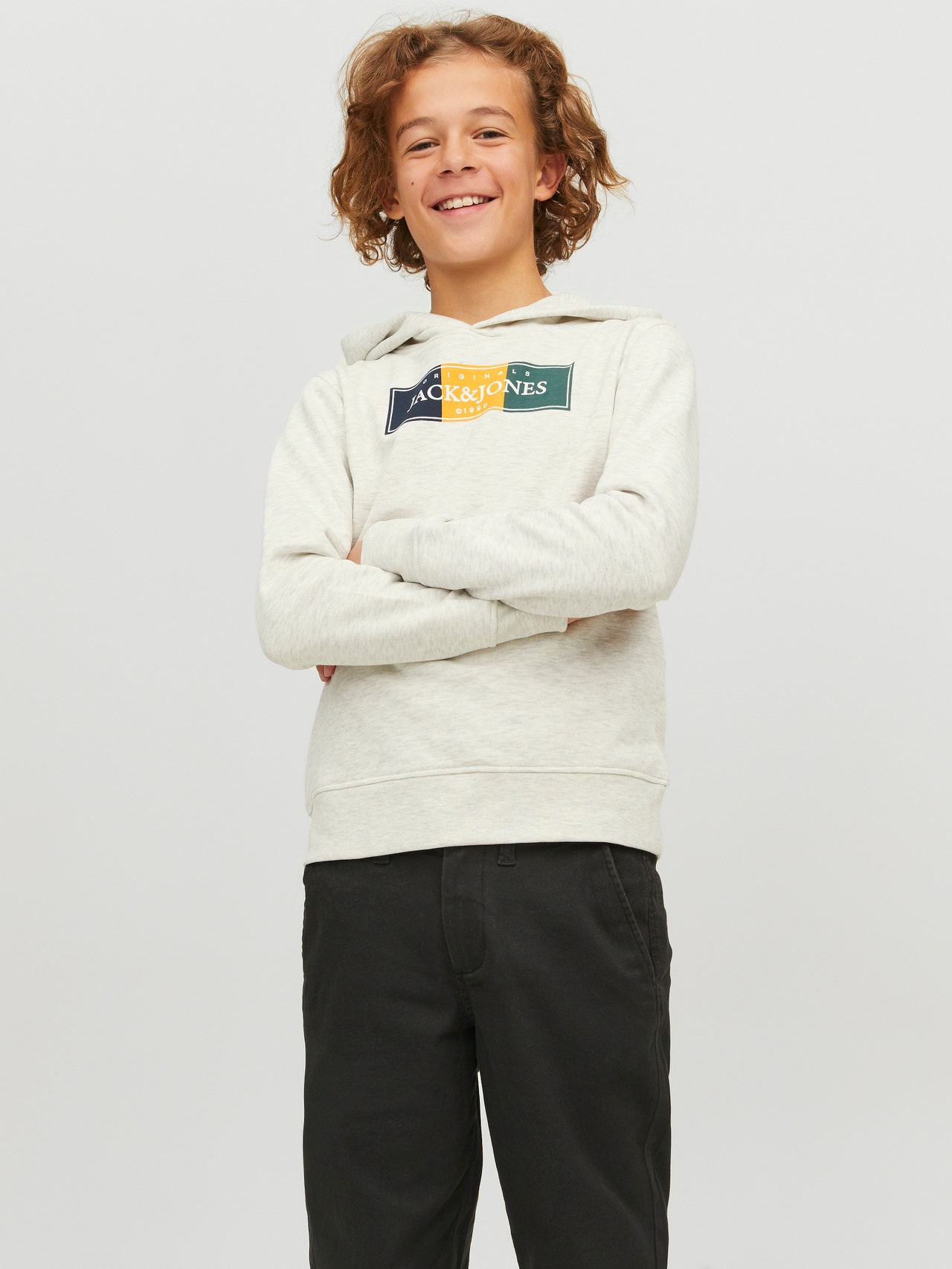 Jack & Jones Logo Hoodie For boys -White Melange - 12230398