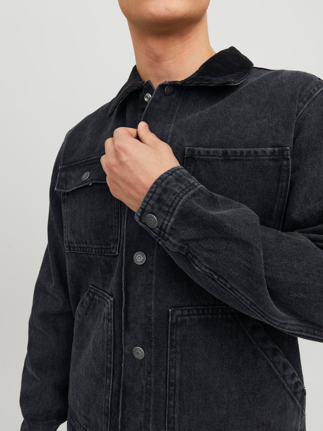 Black Mandarin Collar Denim Jackets - SNITCH