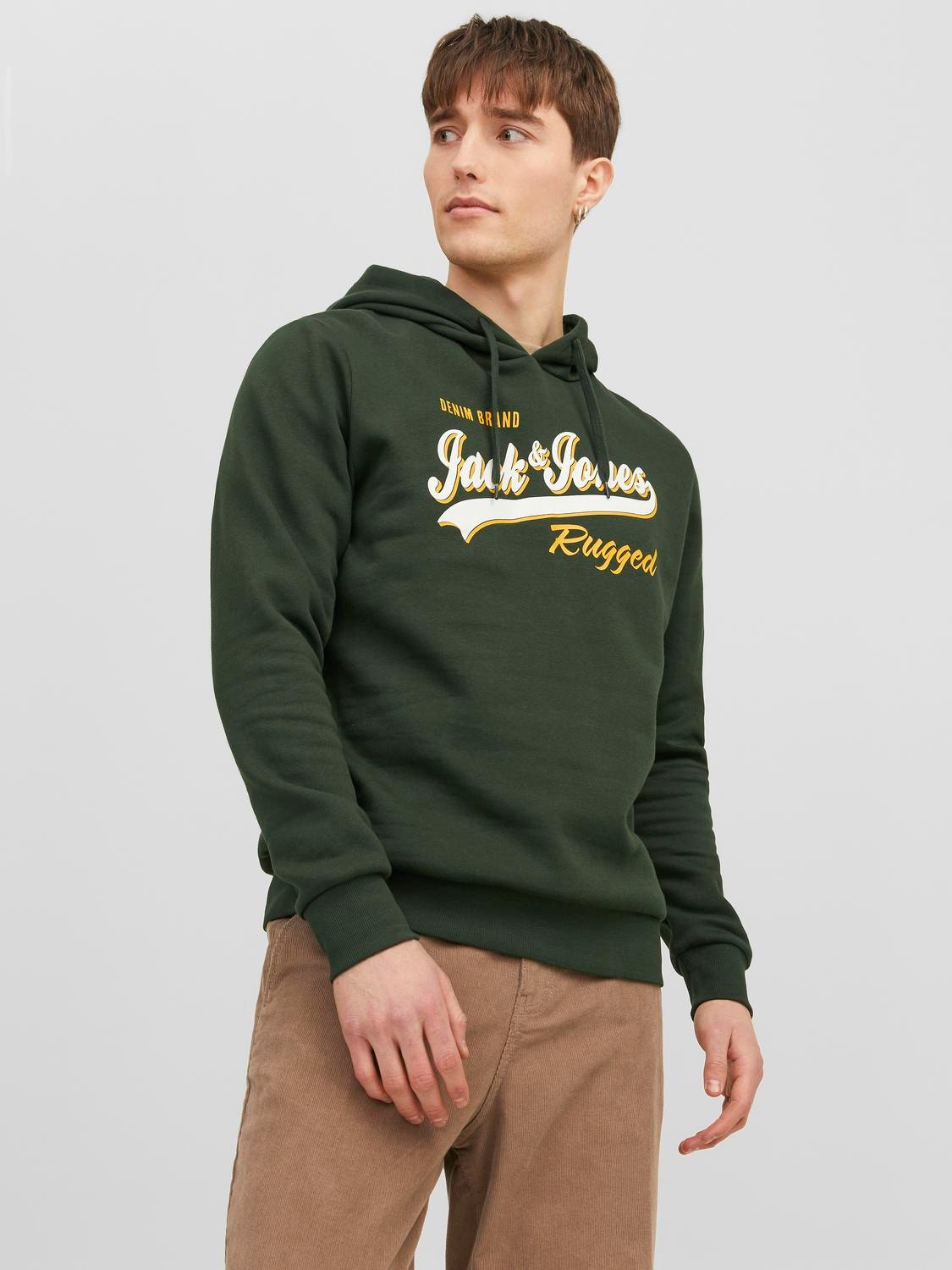 Jack & Jones printed logo hoodie in darkest spruce