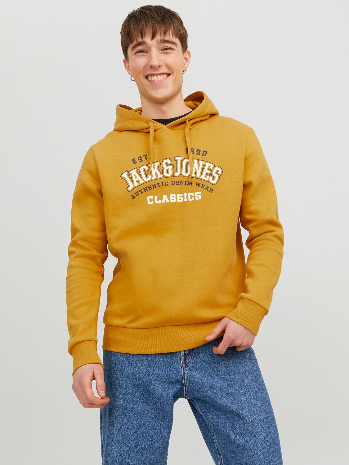 Jack & Jones Mens Graphic Hoodie Jumper Medium Orange Cotton | Vintage Clothing