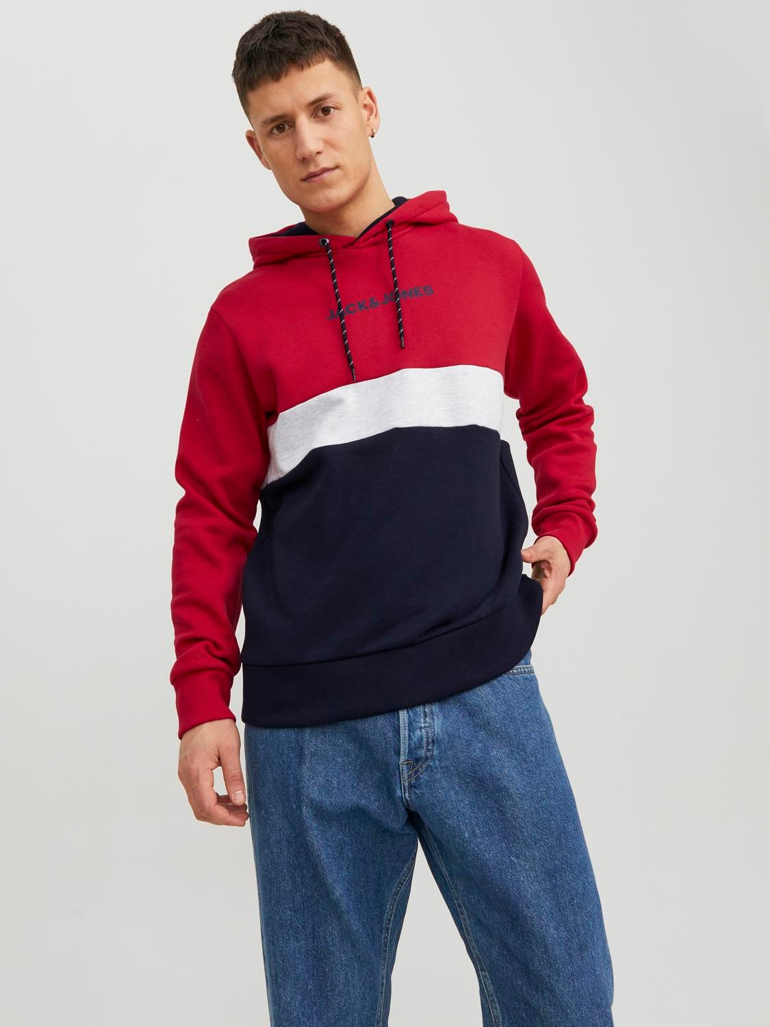 Jack & Jones Barevný blok Mikina s kapucí -Tango Red - 12233959