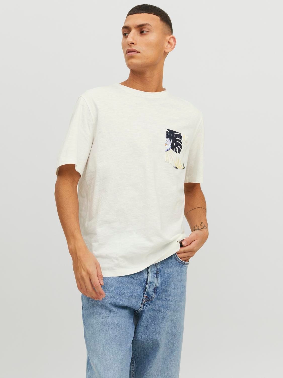 Jack & Jones Tropikalny Okrągły dekolt T-shirt -Cloud Dancer - 12235290