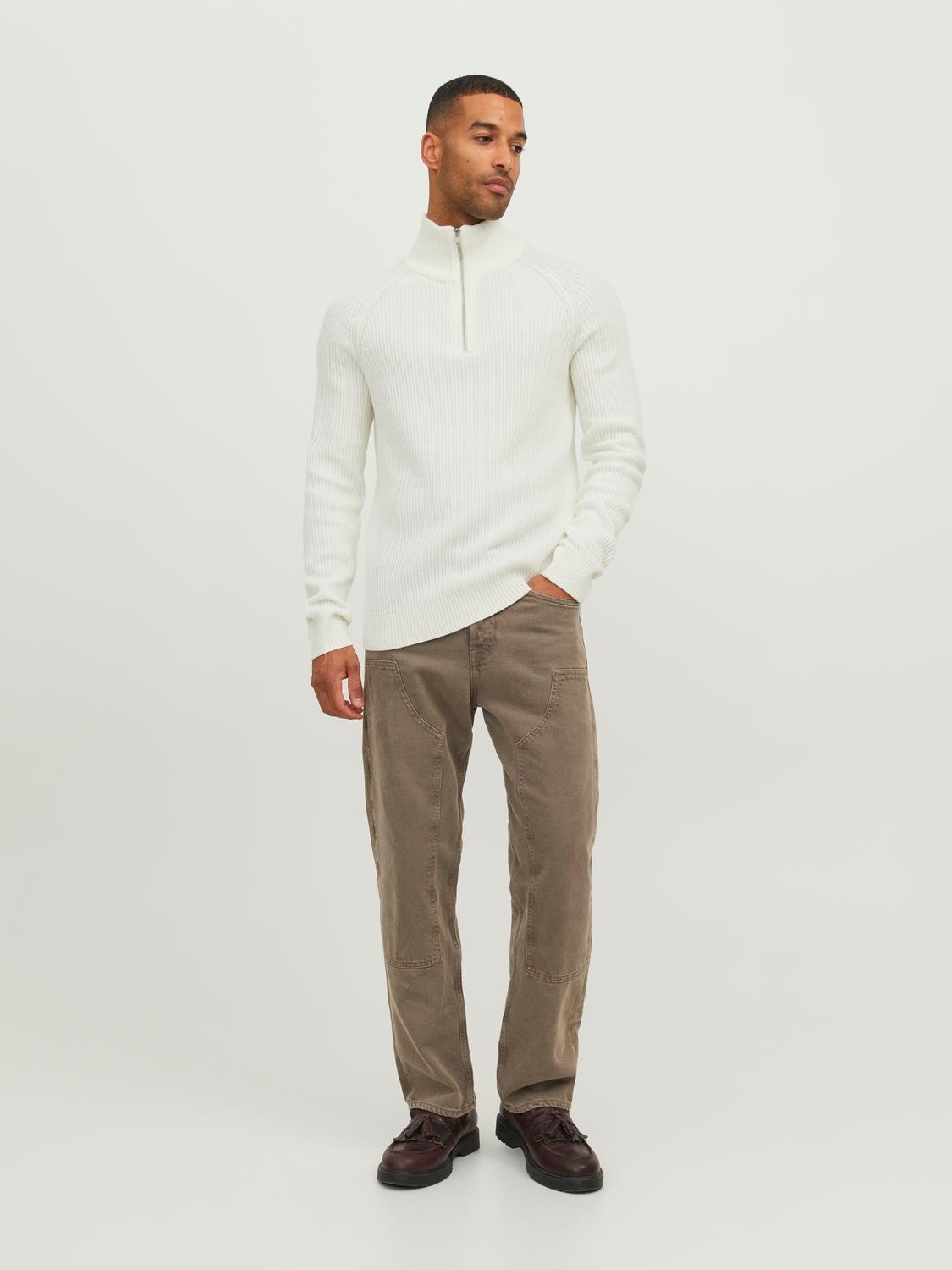 Jack & Jones Ensfarvet Striktrøje med halv lynlås -Cloud Dancer - 12236308