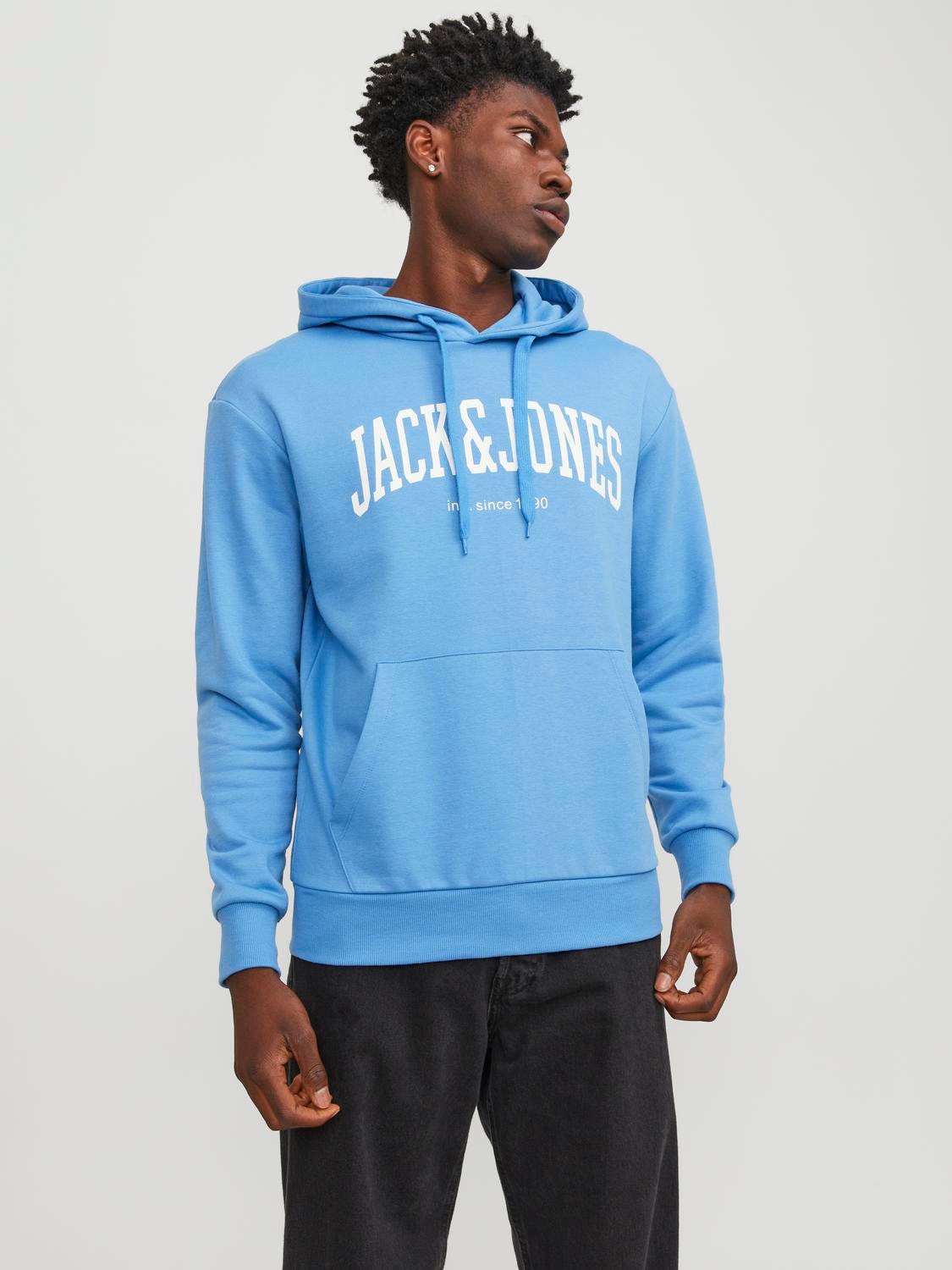 Sudadera azul sin aberturas con capucha y logo de Jack & Jones