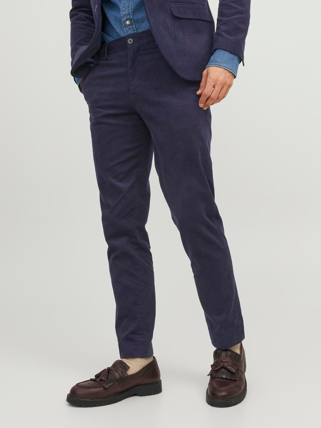 Navy Blue Mid Rise Plain Slim Fit Trousers (DOMELANGE) | Celio