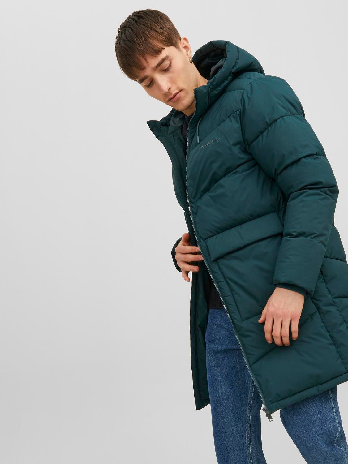 Mens Stone Longline Hooded Puffer Coat | Justyouroutfit