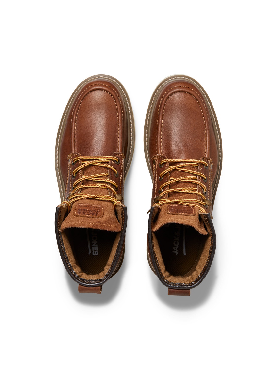 Jack & Jones leather lace up boots with cuff in brown