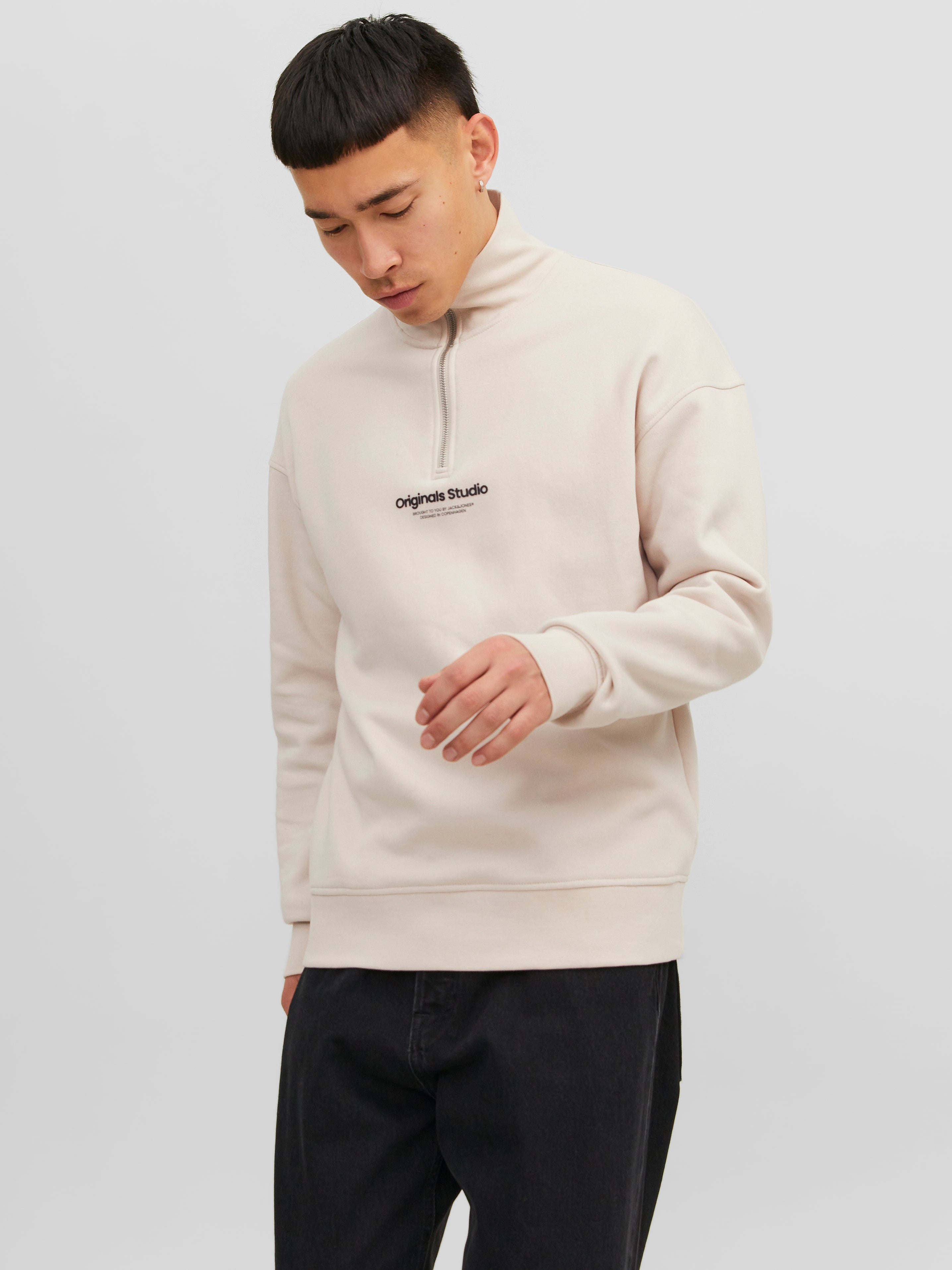 Text Sweatshirt mit halbem Reißverschluss | Beige | Jack & Jones®