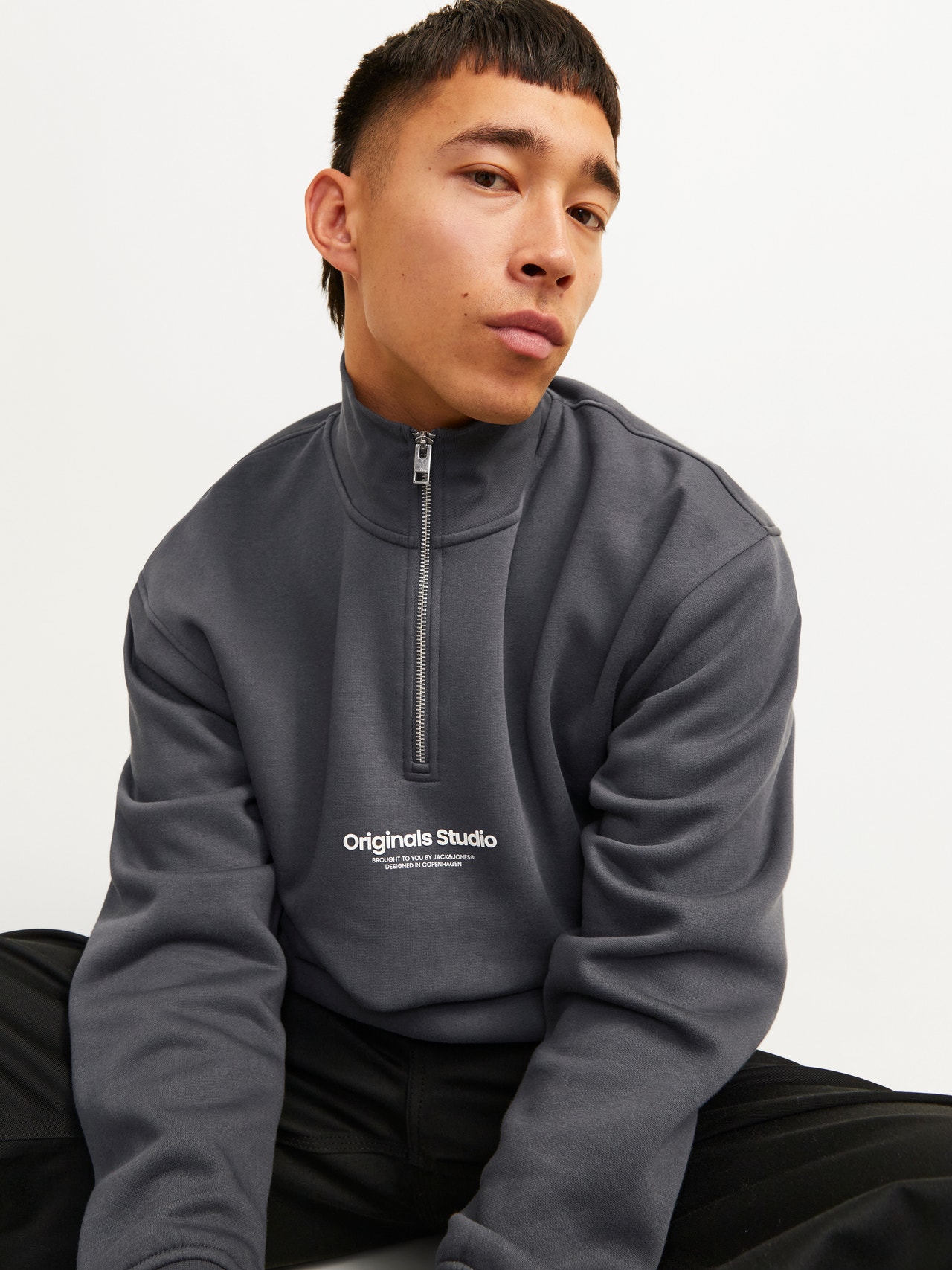 Jack & Jones Text Tröja med halv dragkedja -Iron Gate - 12241777