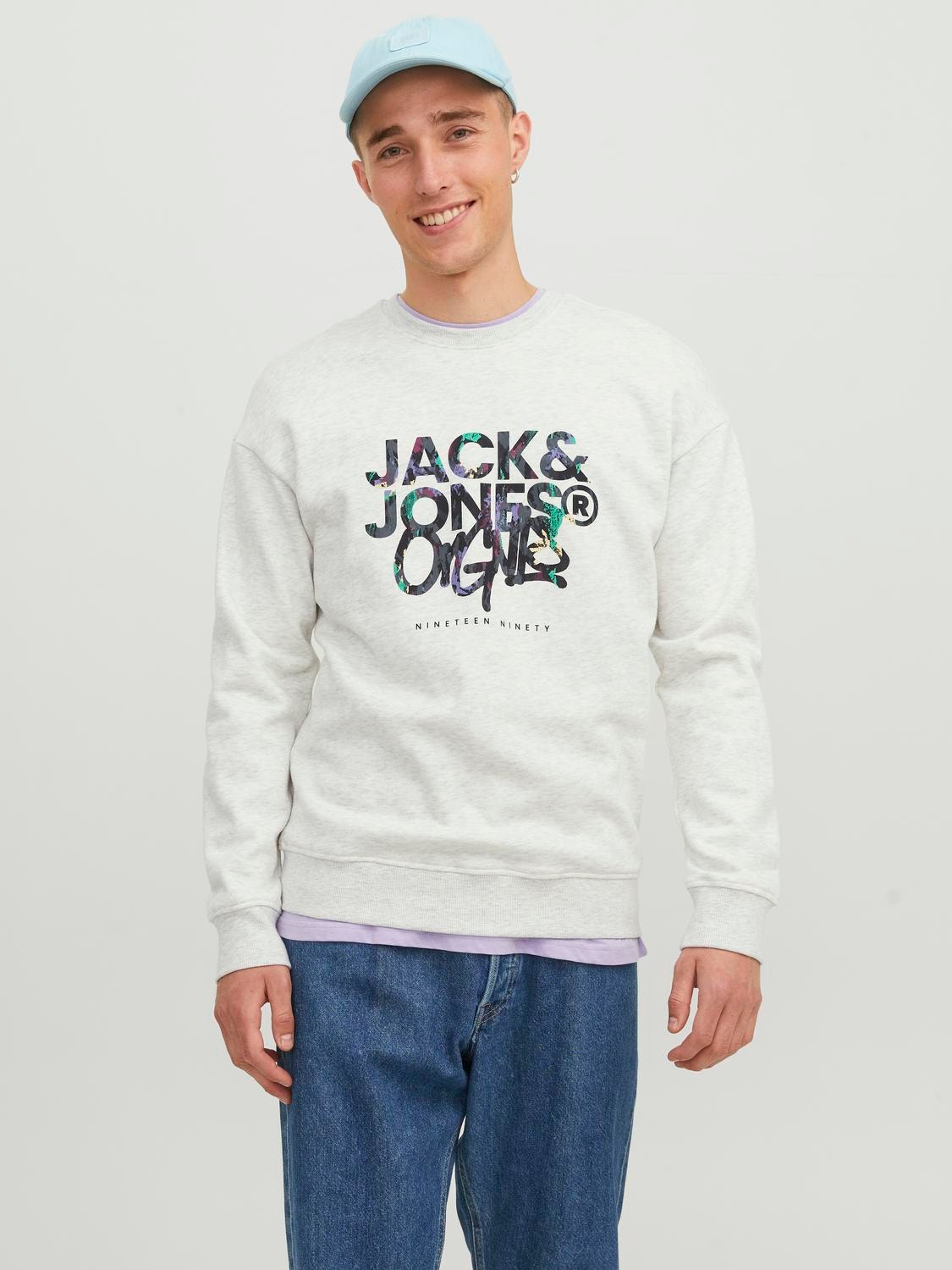 Jack & Jones Printet Sweatshirt med rund hals -White Melange - 12242366