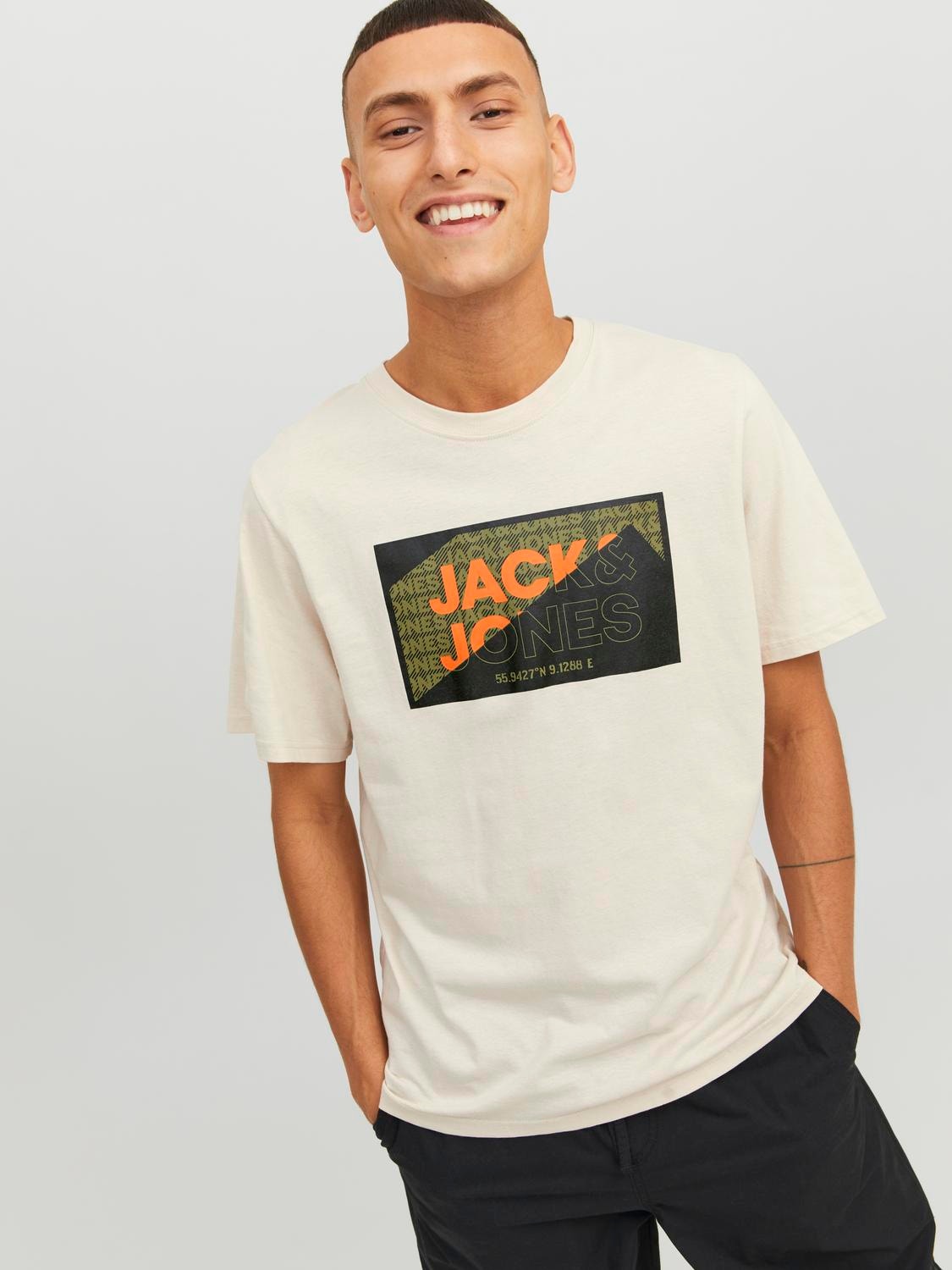 Jack & Jones Logo Ümmargune kaelus T-särk -Moonbeam - 12242492