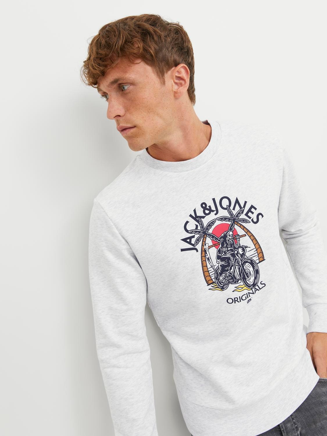 Jack & Jones Felpa Girocollo Stampato -White Melange - 12244220