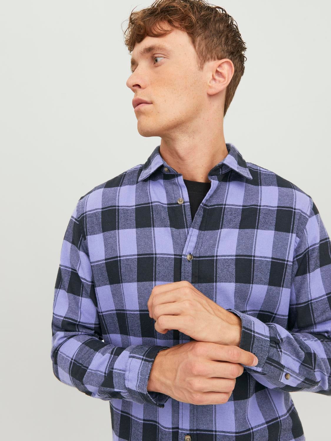 Purple and white checkered hot sale shirt