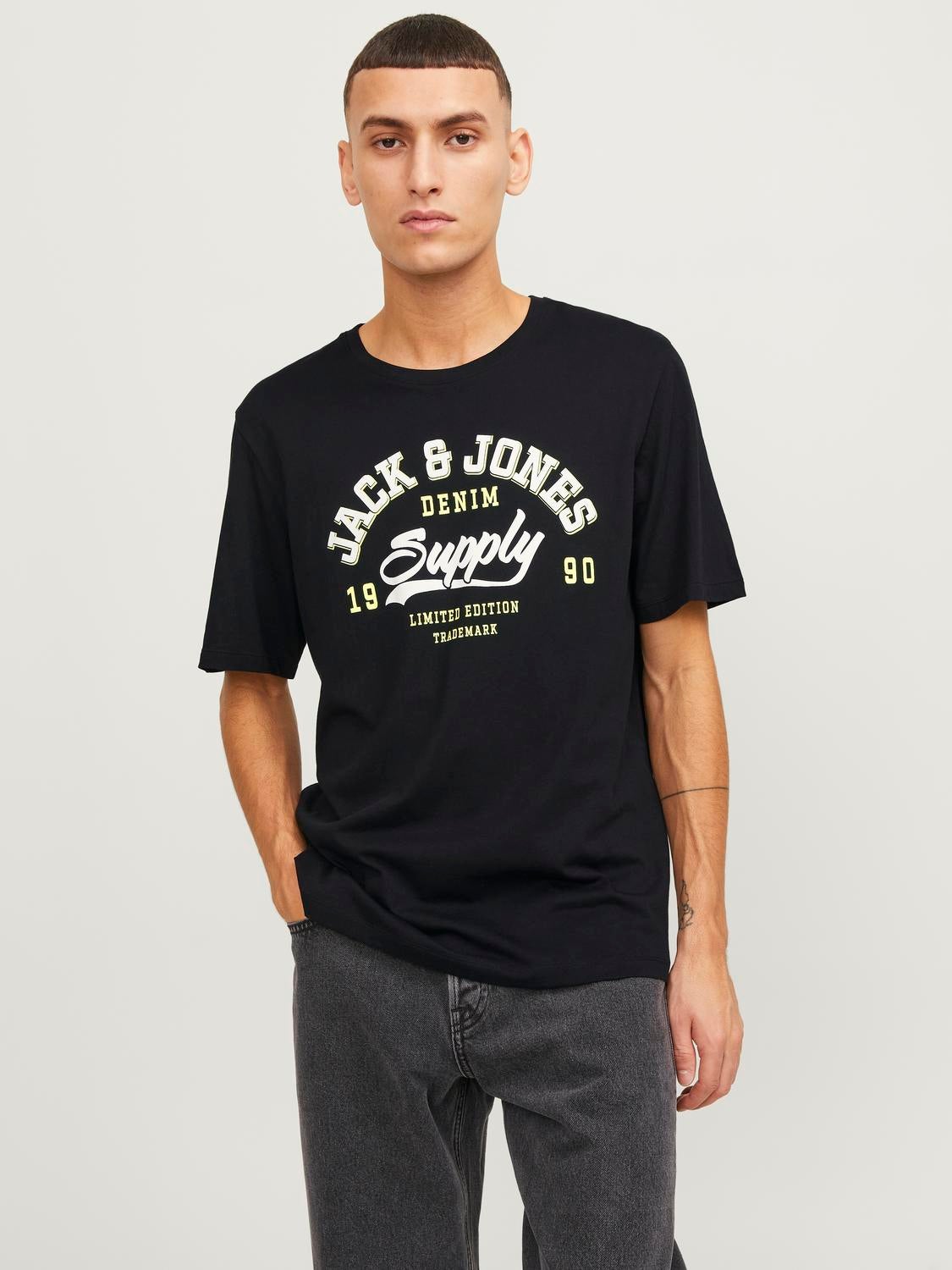 Printed Crew neck T shirt Black Jack Jones