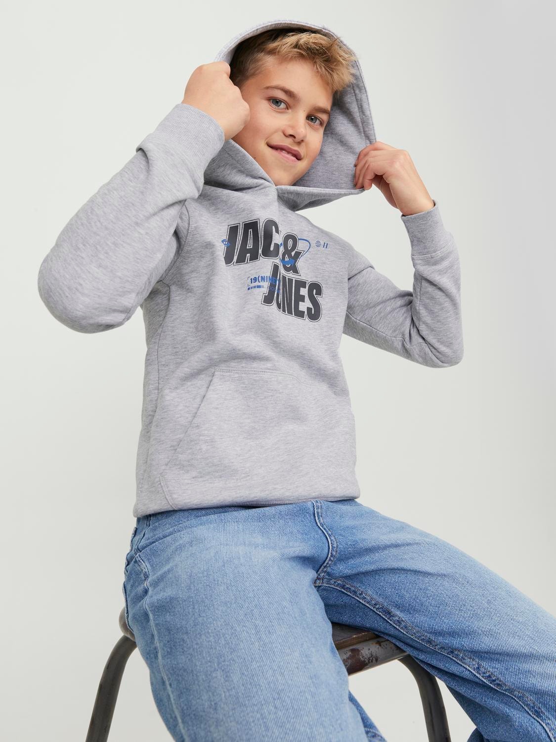 Jack & Jones Logo Hoodie For boys -Light Grey Melange - 12247700