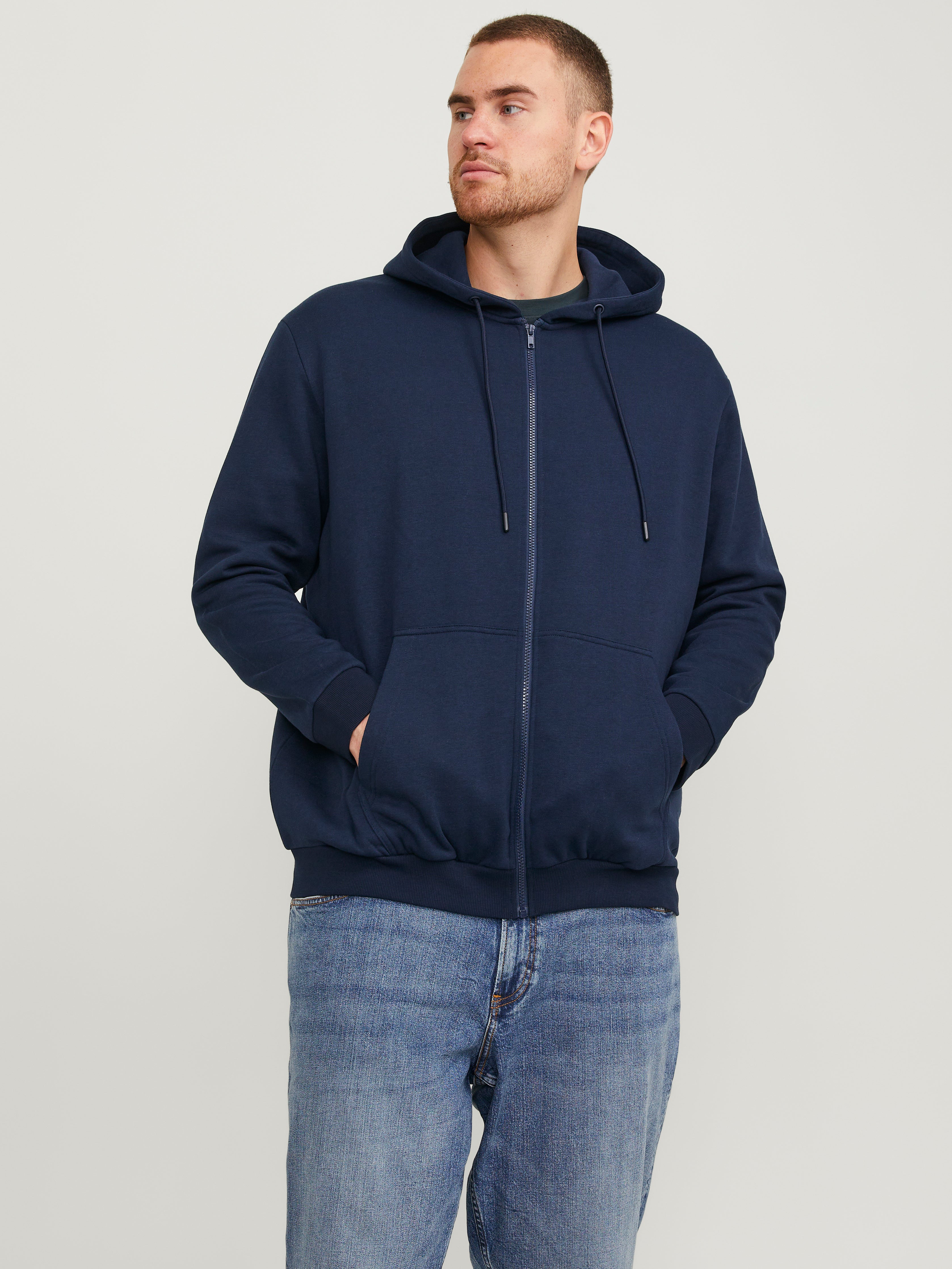 Plus Size Plain Zip Hoodie Dark Blue Jack Jones