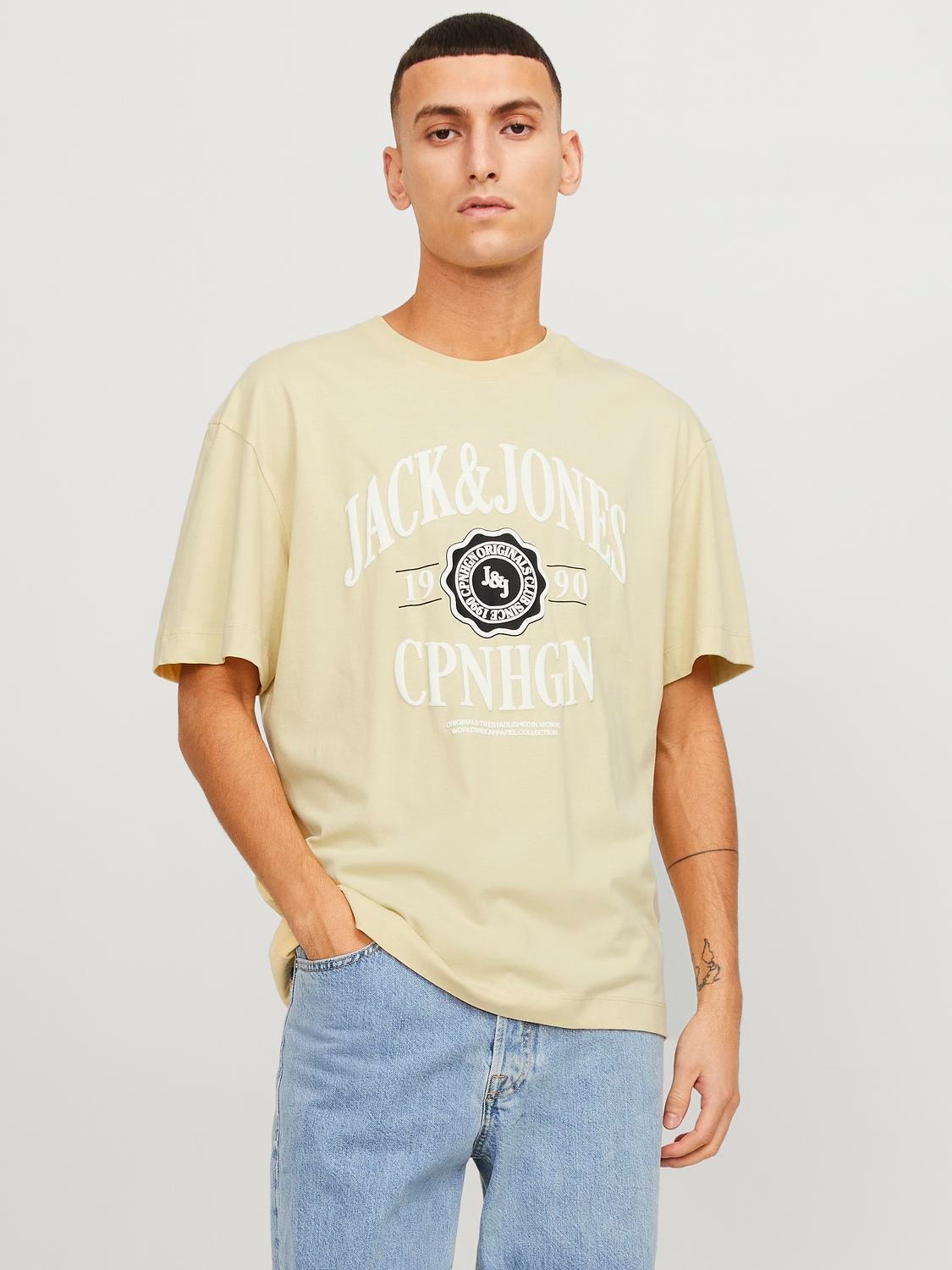 Jack & Jones Painettu Pyöreä pääntie T-paita -Italian Straw - 12251899