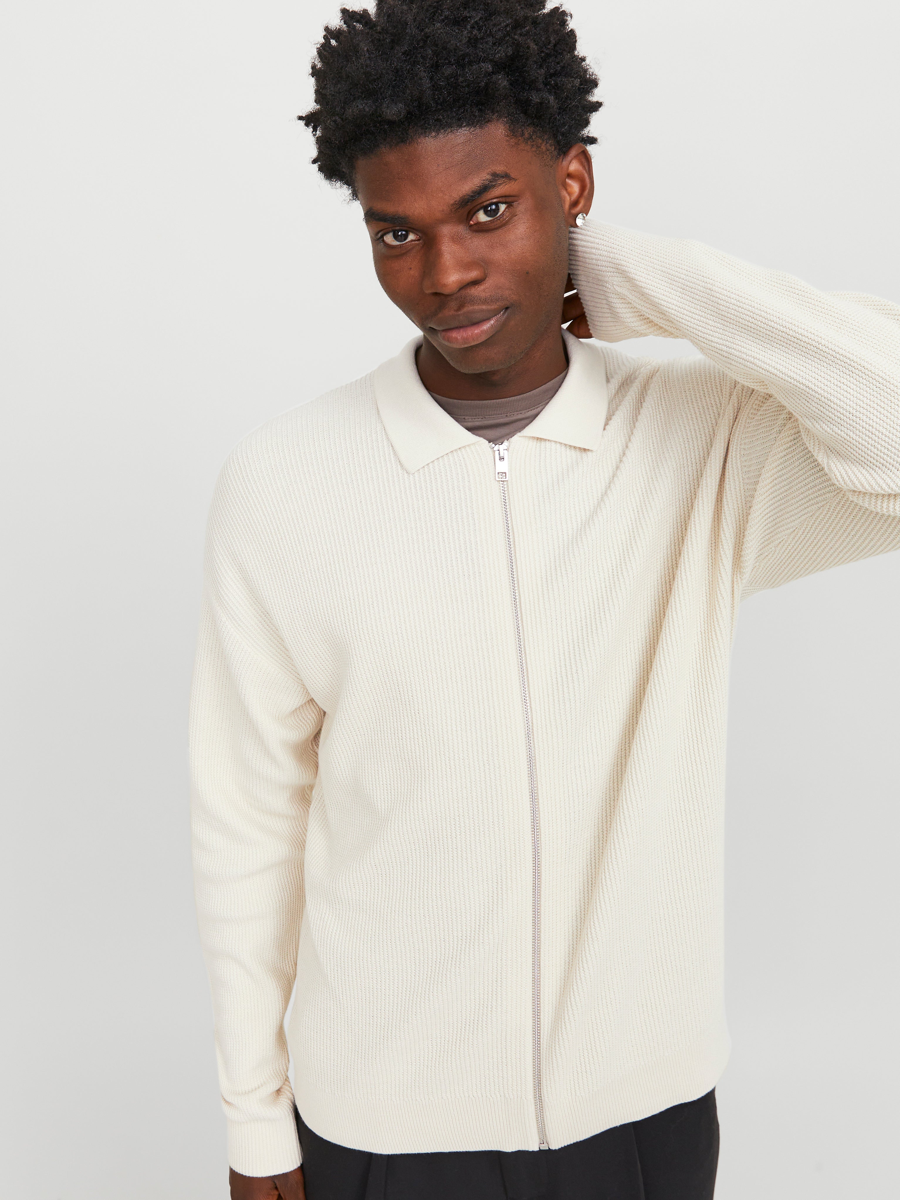 Einfarbig Strickpullover mit Reißverschluss | Beige | Jack & Jones®