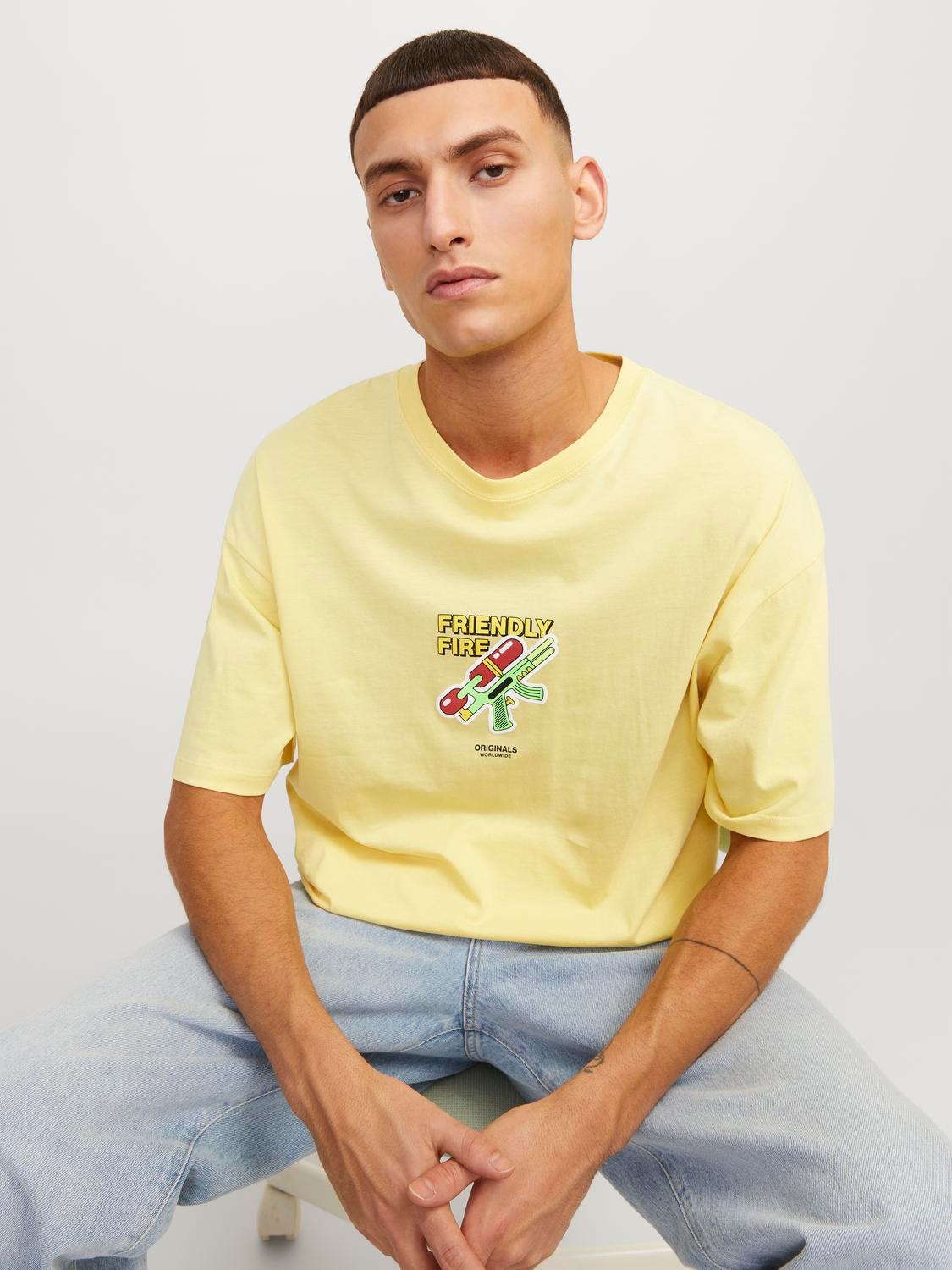 Jack & Jones Printet Crew neck T-shirt -Italian Straw - 12254169