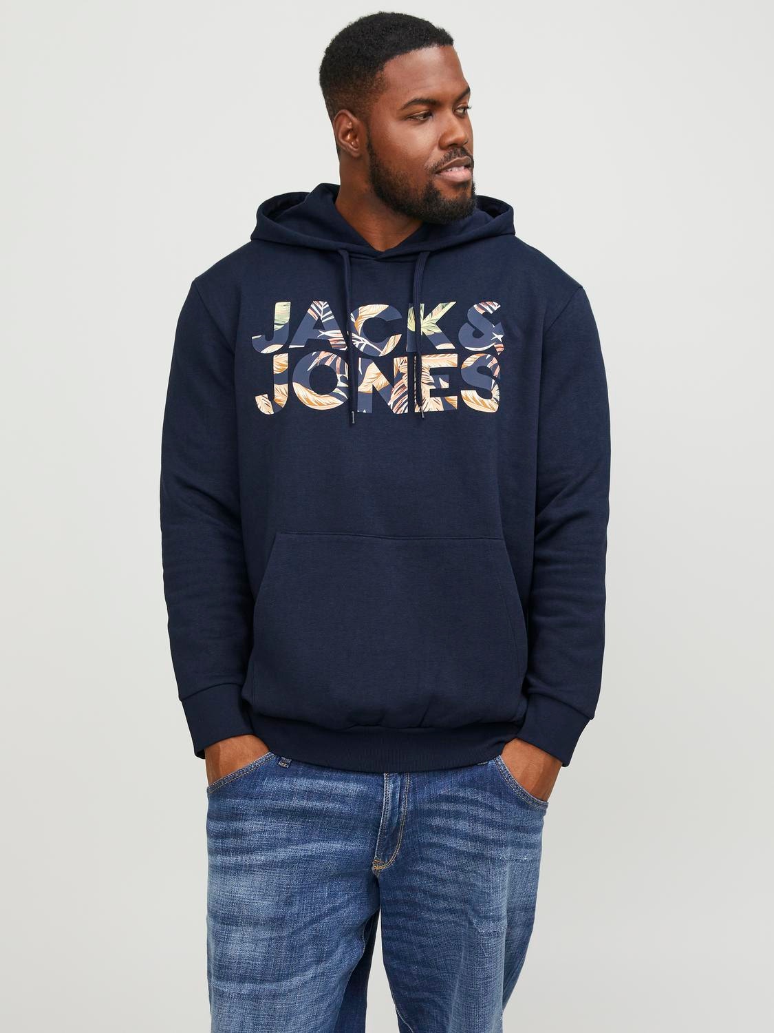 Jack & Jones Plus Size Printed Hoodie -Navy Blazer - 12255004