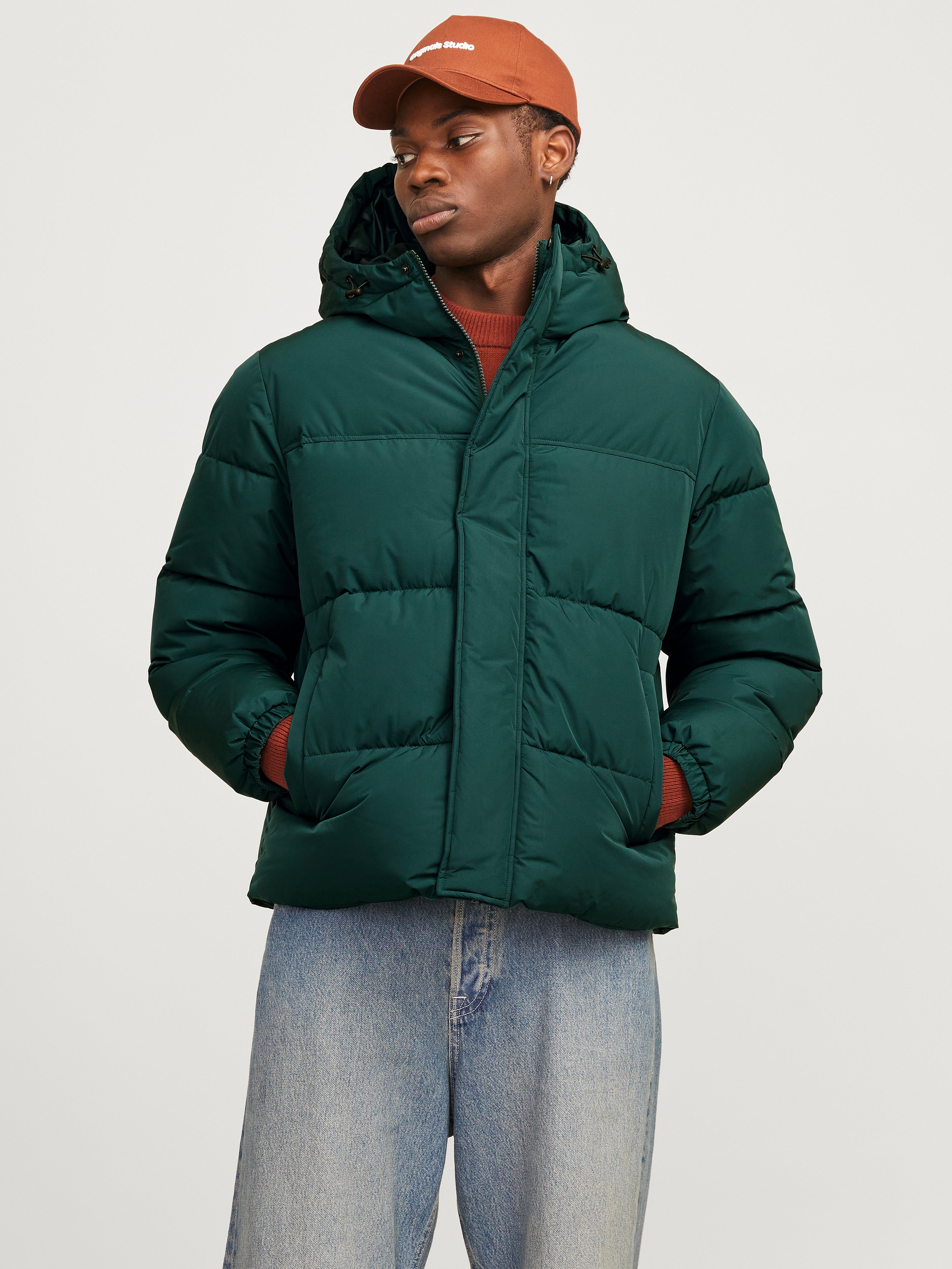 Mens green puffer jacket with hood deals