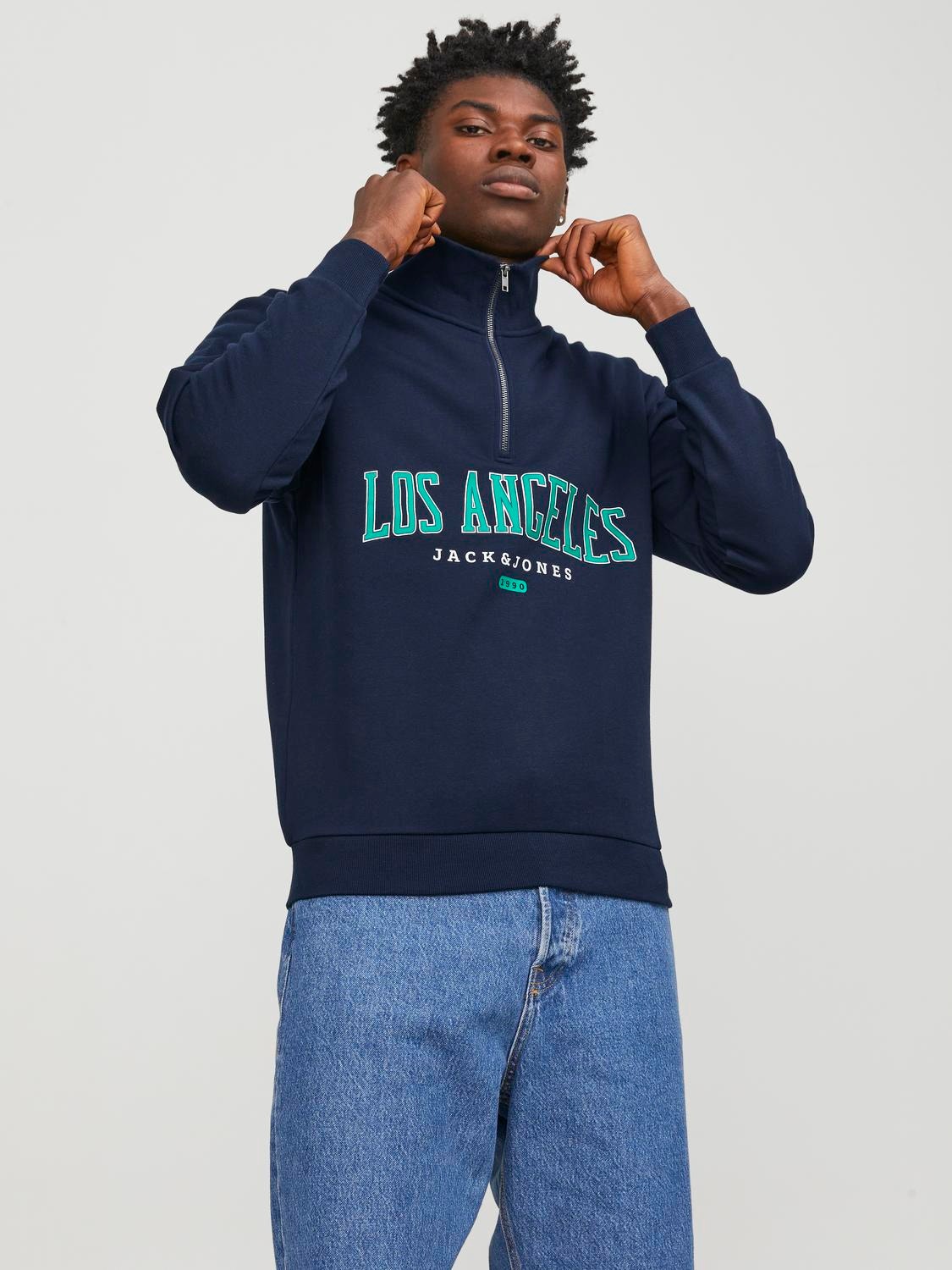 Jack & Jones Printet Sweatshirt med halv lynlås -Navy Blazer - 12257392