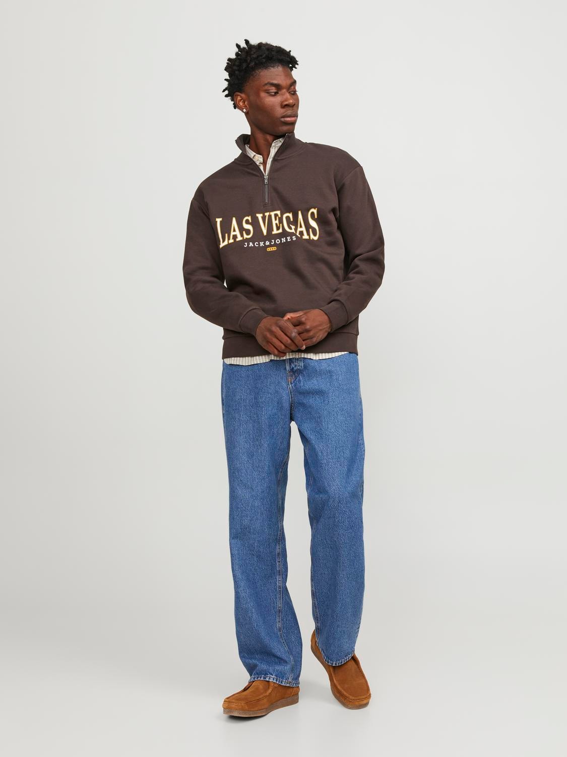 Jack & Jones Printet Sweatshirt med halv lynlås -Seal Brown - 12257392